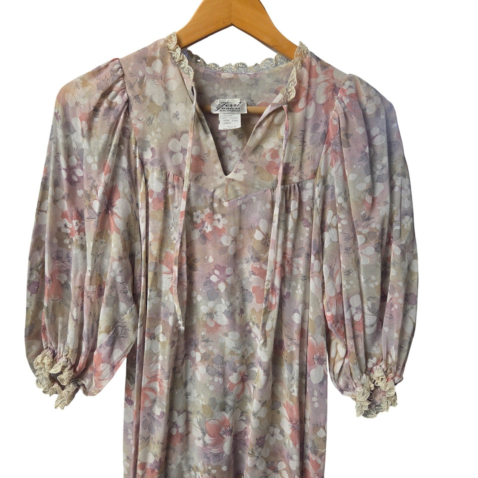 Vintage 70s Terri Juniors California Floral Lace Midi Dress Cottagecore Prairie