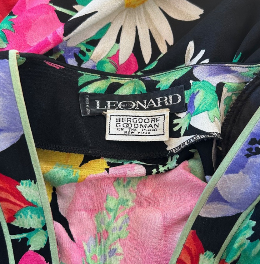 Leonard Paris 1990s Floral Print Jersey Wrap Dress Bergdof Goodman sz 8 France