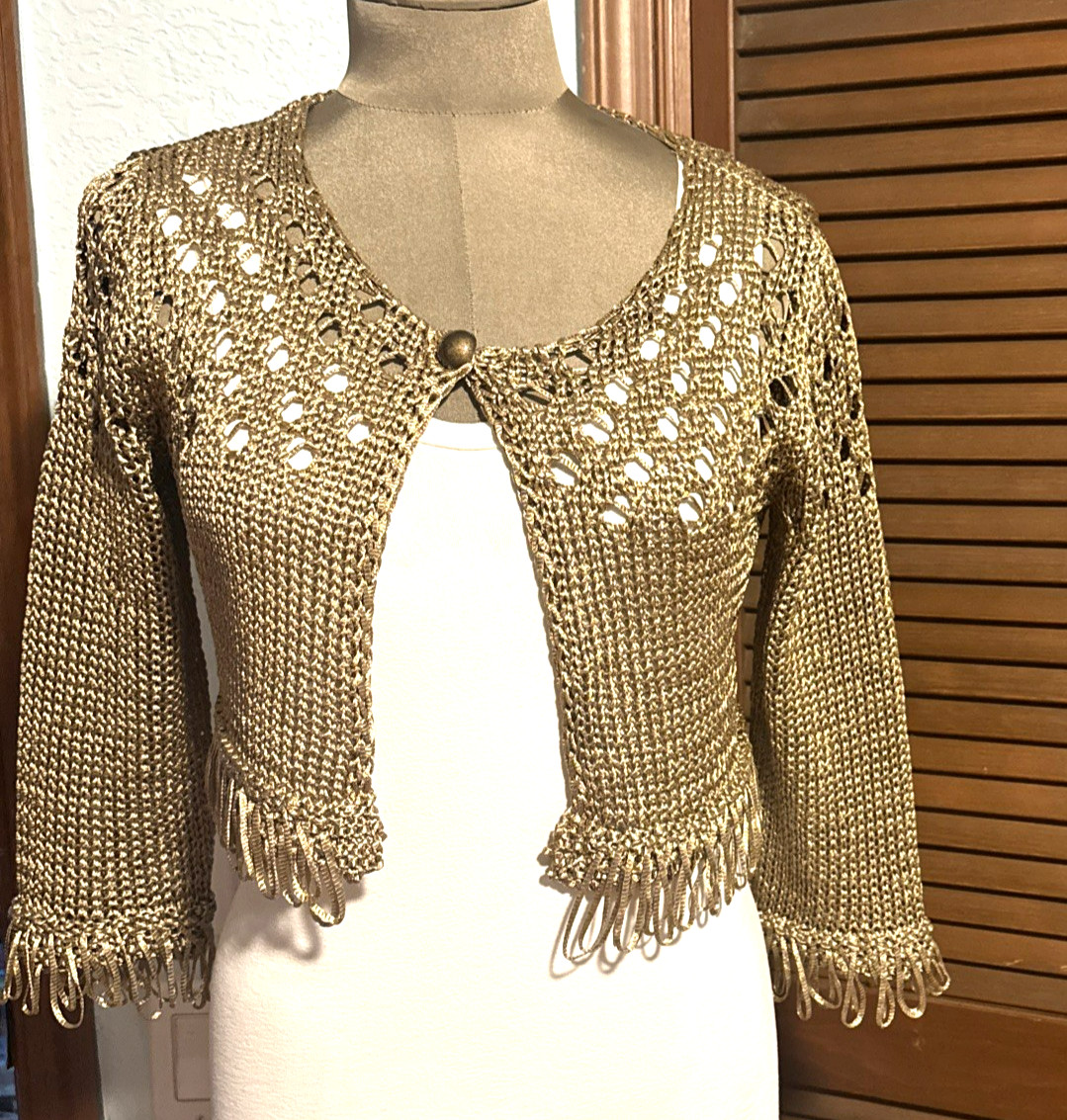 Rinascimento Crocheted Knit Cardigan Jacket Cropped Italian Gold Giacca Size M