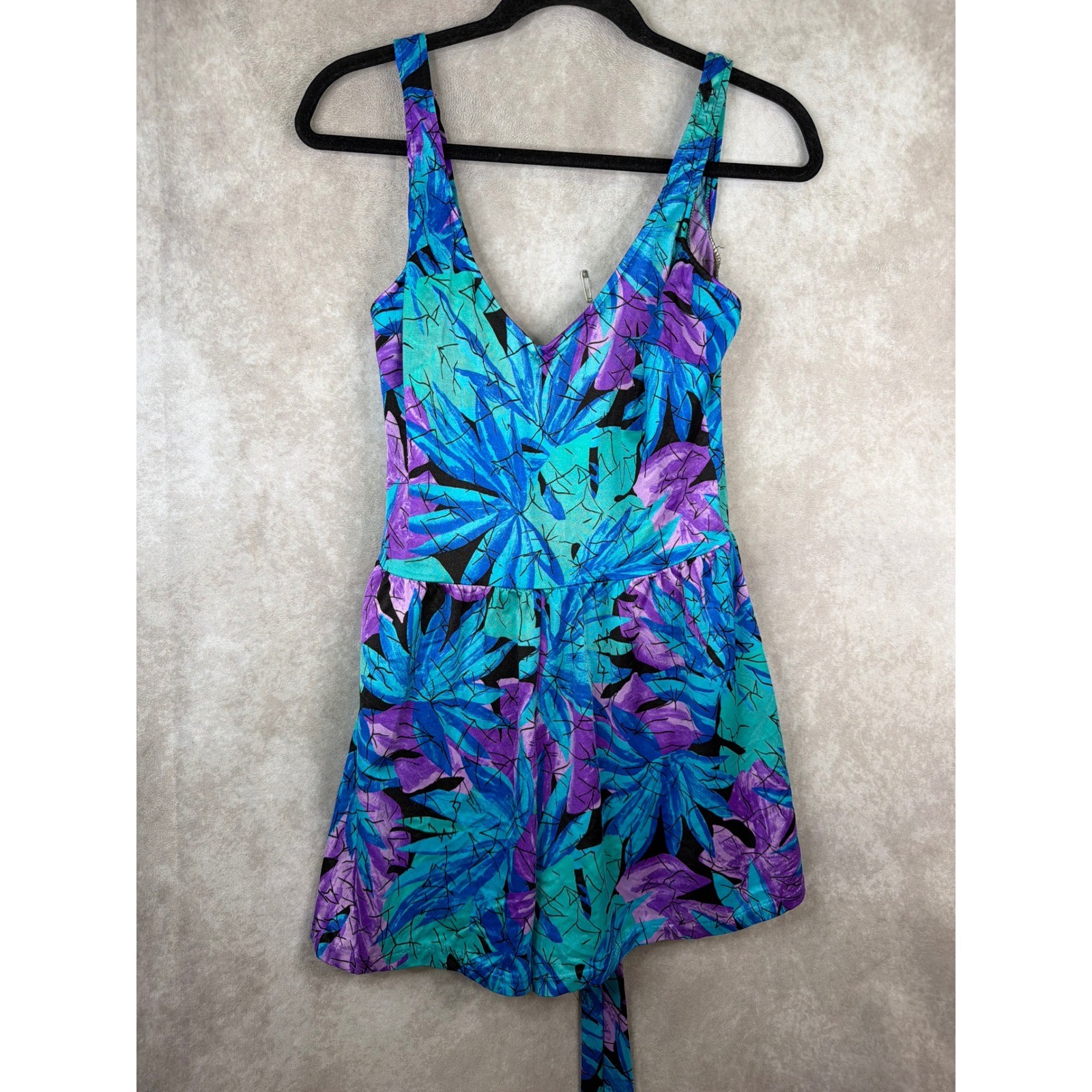 Maxine of Hollywood Swim Dress Women 16 Blue Purple Tropical Leaf Vintage 90s