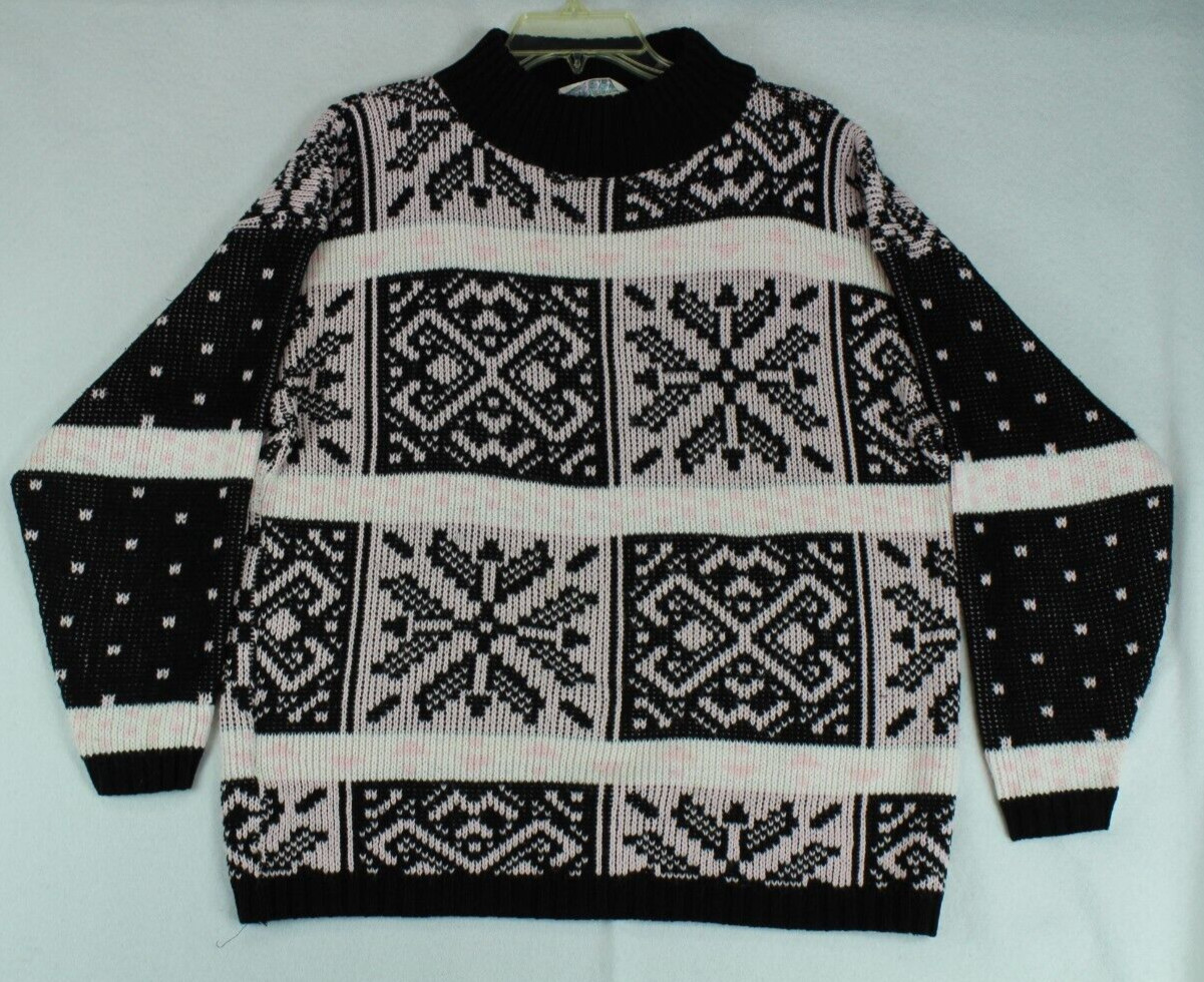Vintage Croquet Club Women’s Large Sweater Black and Pink With Snowflakes