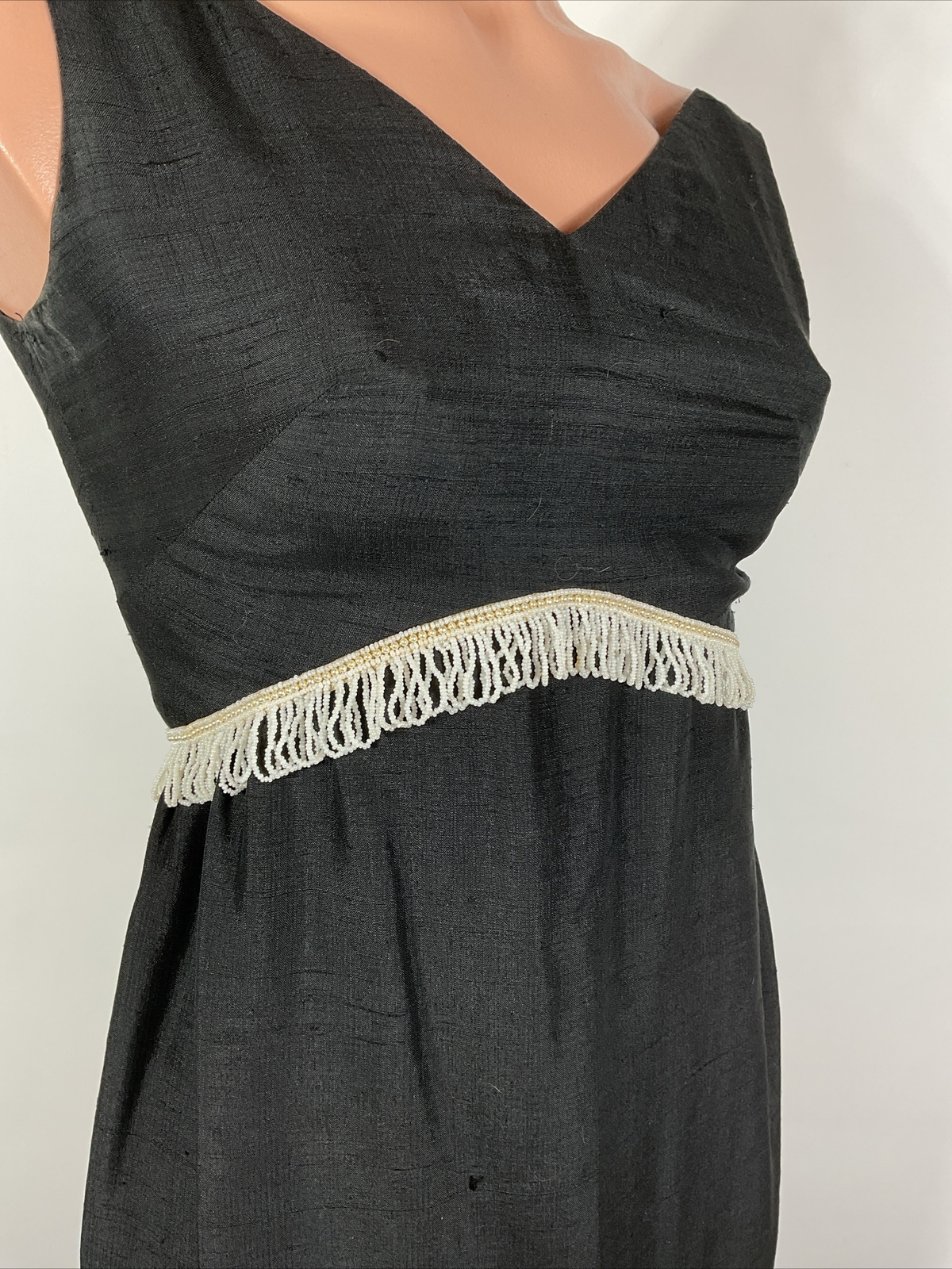 Vintage 60s Cocktail Party Sheath Dress BEADED FRINGE Little Black Dress XS/S