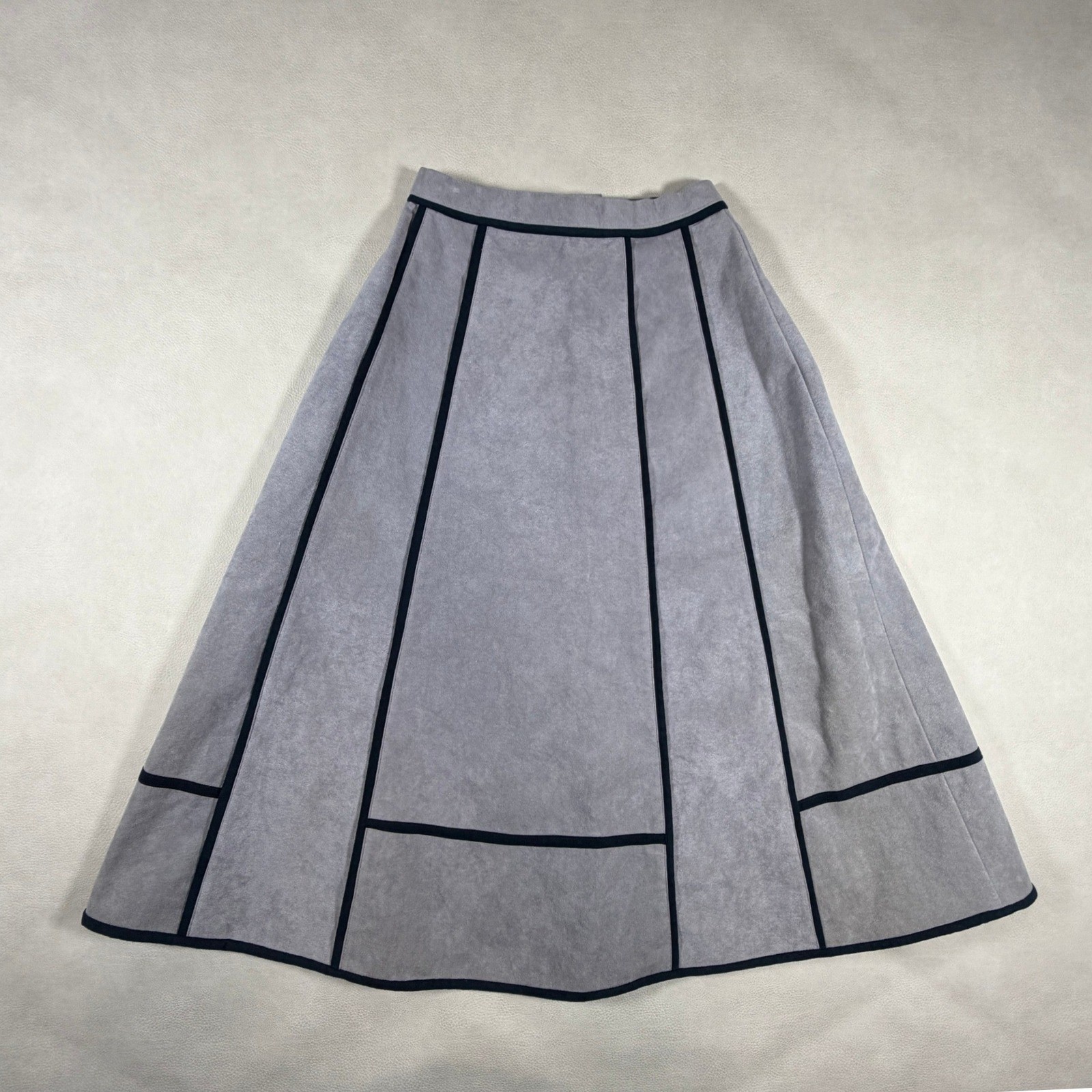 By Clarissa Vintage Ultra Suede Gray A-Line Midi Skirt Black Piping Size 6