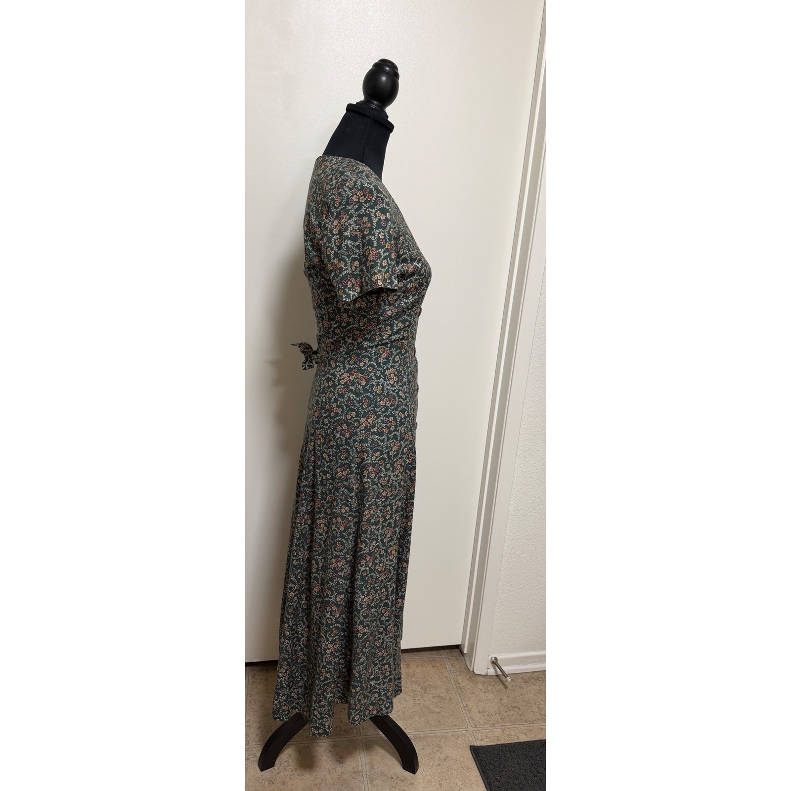 Vintage Rampage Floral Maxi Dress Green Rayon Button Front Tie Back Cottage 90s