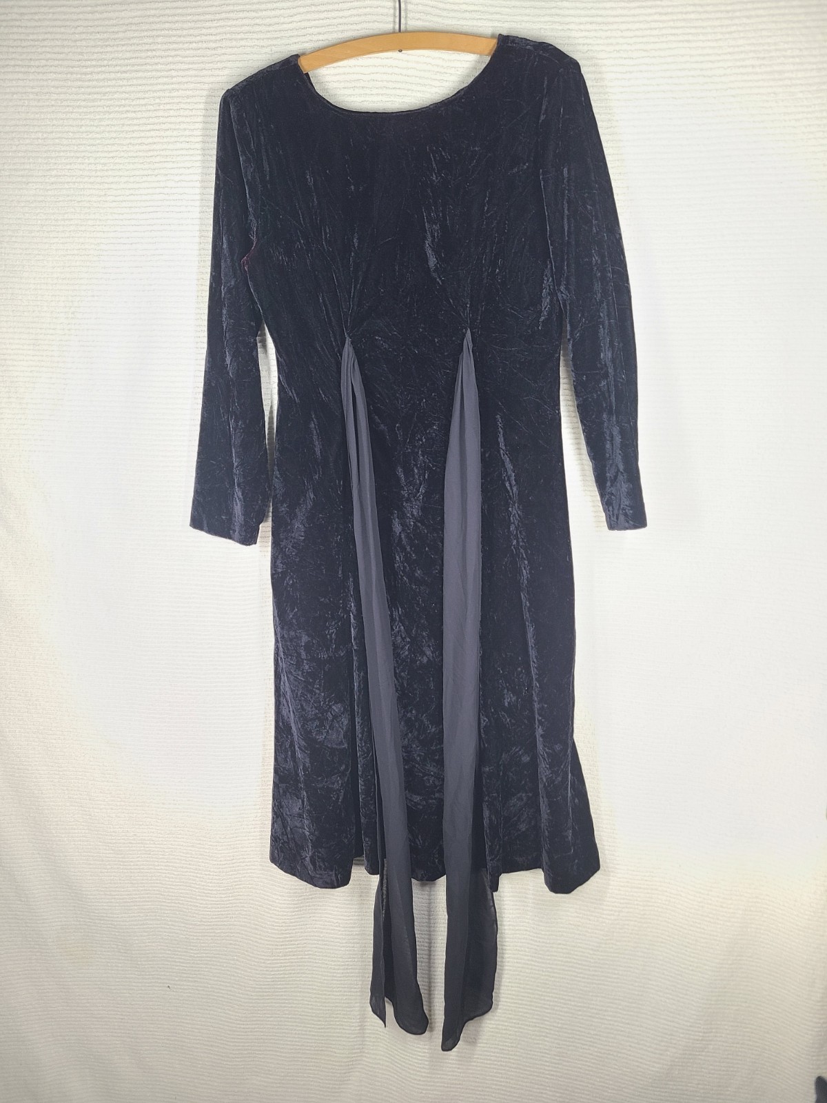 Vintage Black Velvet Dress Sheer Crepe Waist Belt Bow Velour Goth 6 Medium USA