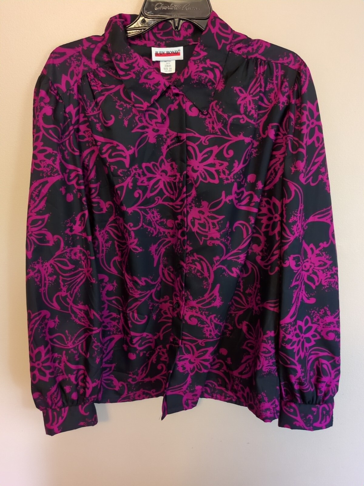 Vtg JUDY BOND SZ 16 1970’s Top Floral Print long sleeve Retro Purple Pink