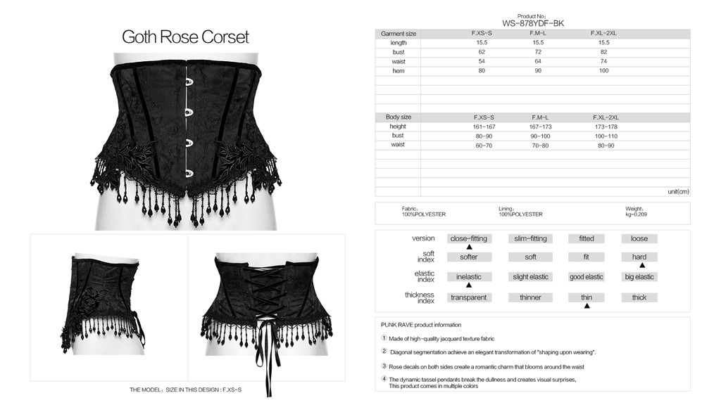 Punk Rave Women Black Gothic Rose Bead Tassel Waistband Slim Fit Corset