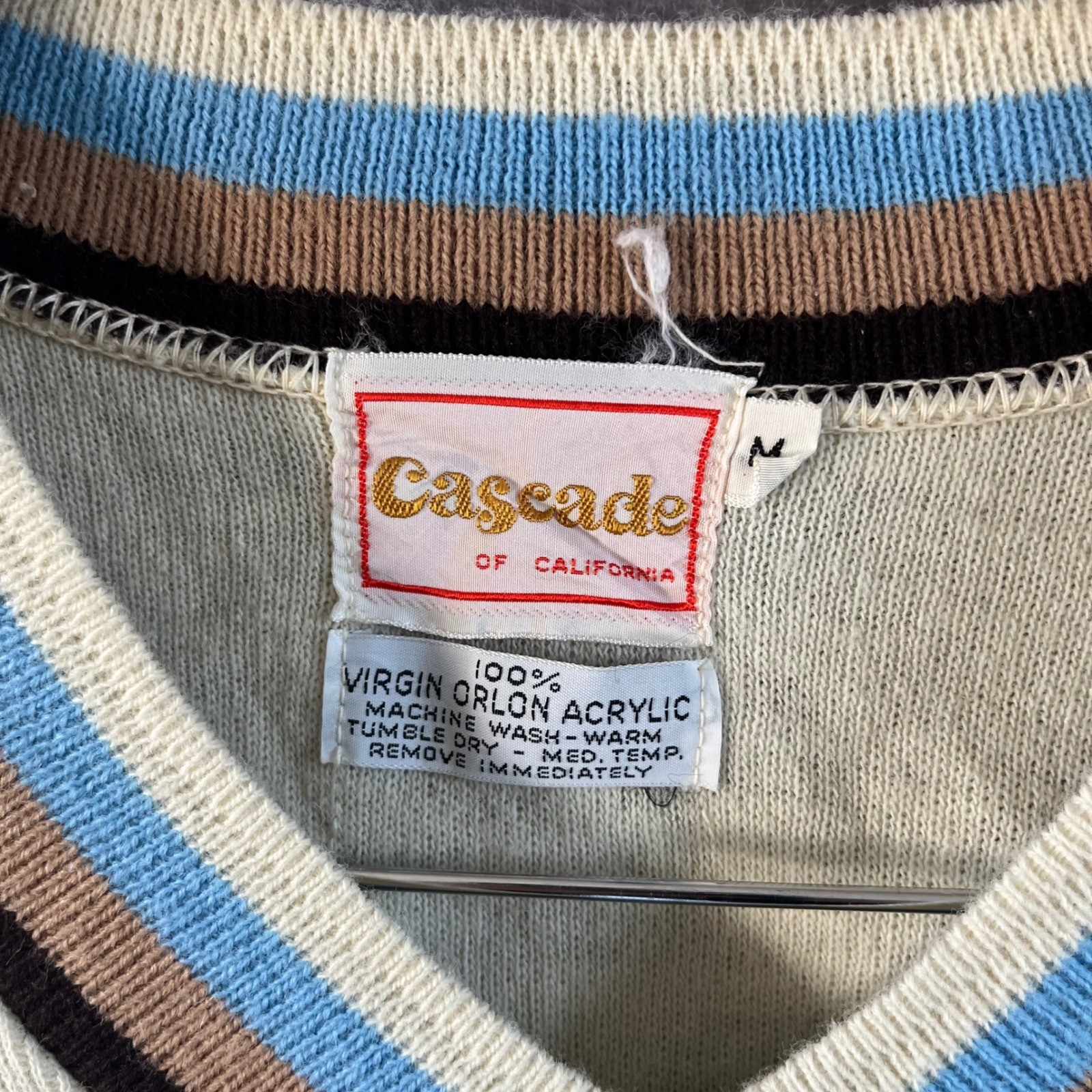 Cascade of California Sweater Women M Cream Blue Striped V-Neck 60s Vintage
