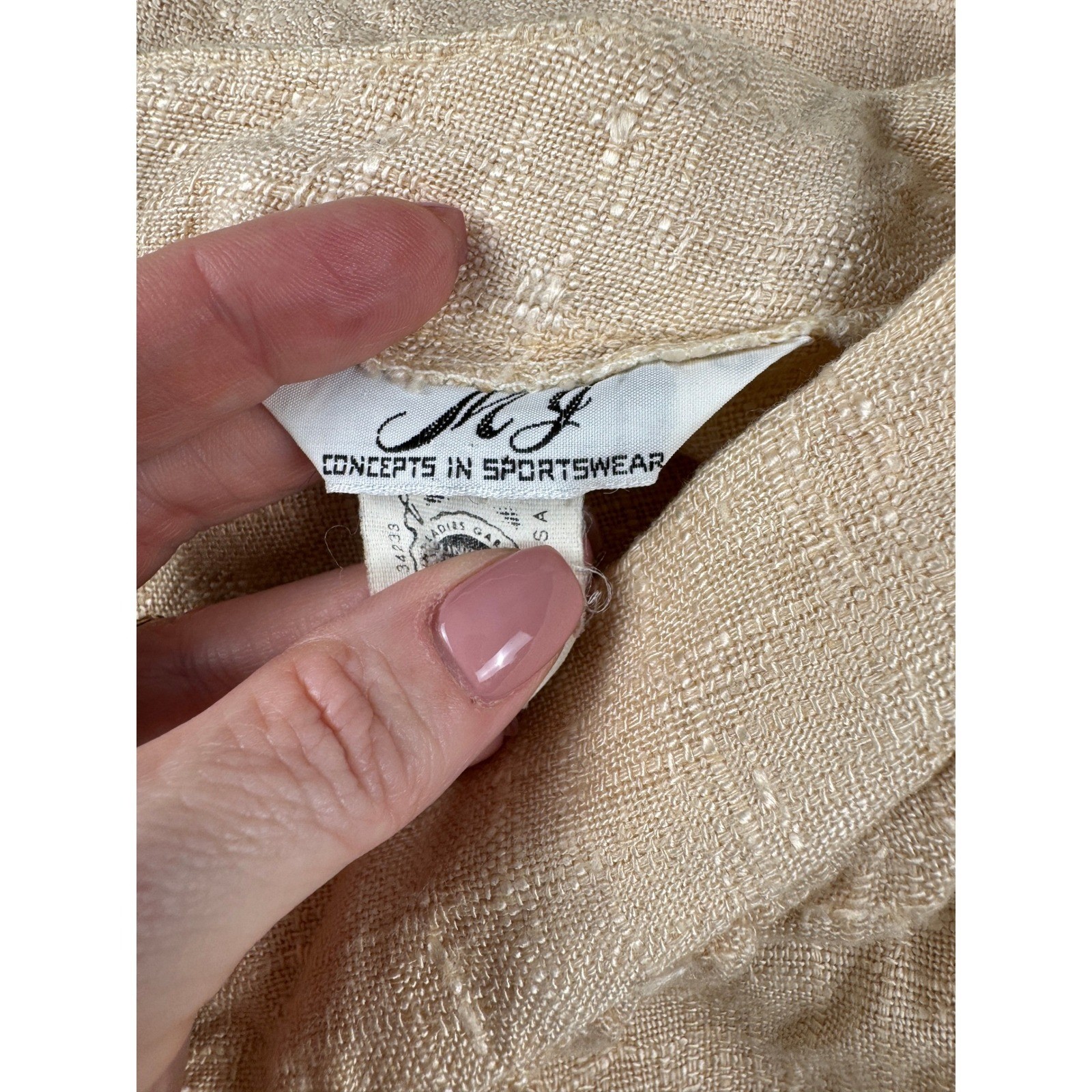 Vintage 70’s Linen Blend Neutral Two Piece Skirt Set Tan Short Sleeve Top Midi