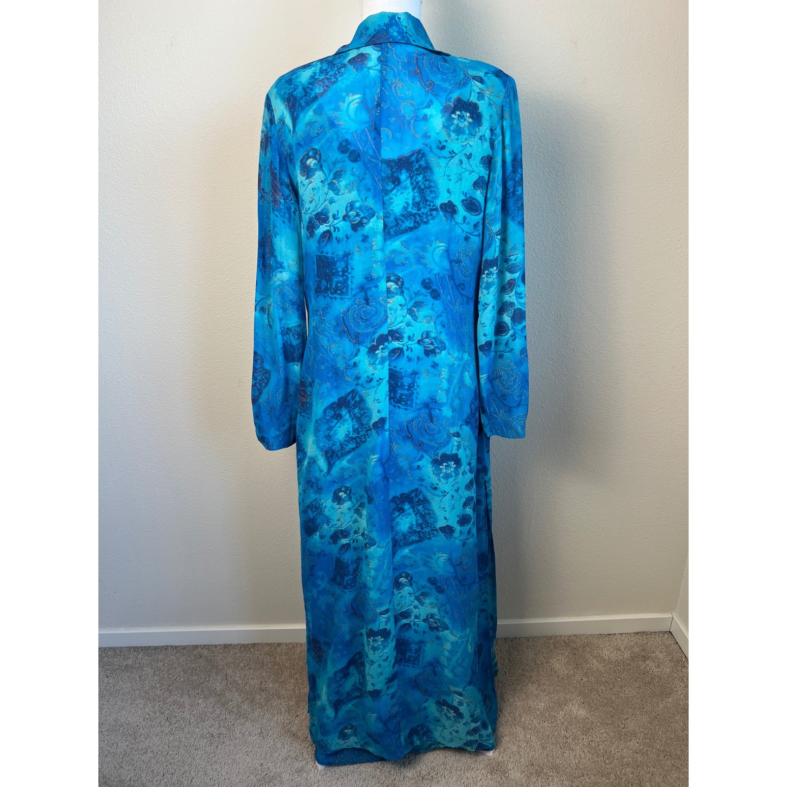 VTG Rabbit Rabbit Designs Blue Floral Rayon Maxi Dress Duster Set Size 12 Artsy
