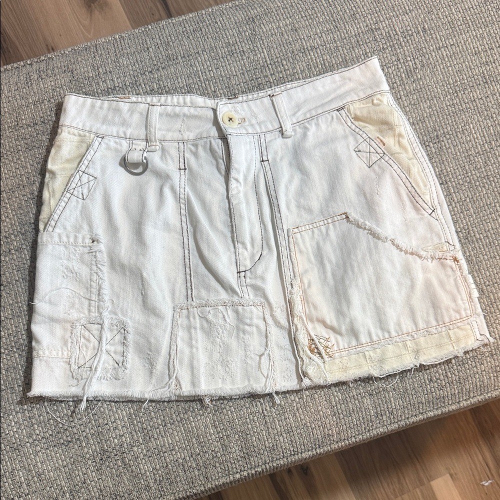 Free People We The Free Mini Skirt Distressed Patchwork Pockets Ivory sz30