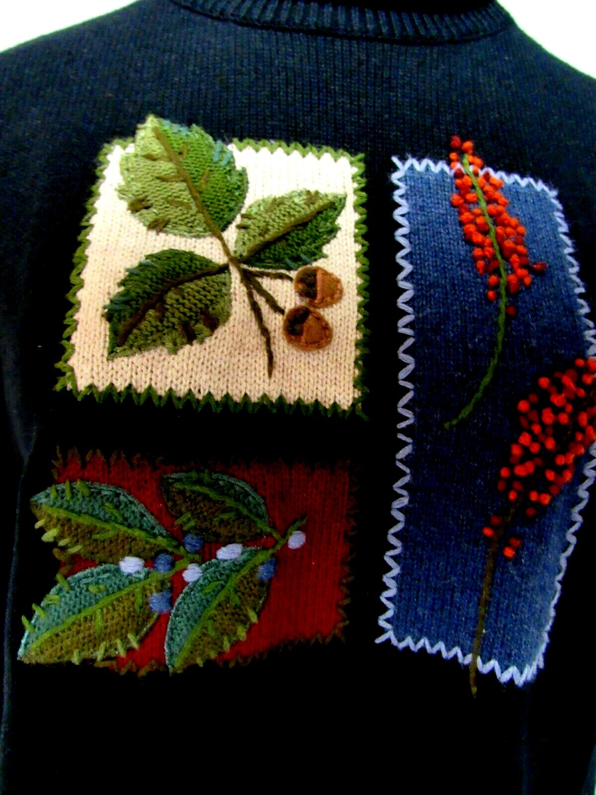 VTG MARISA CHRISTINA Knit Sweater Top Embroidery Leaf Acorn Black Wine PM EVC