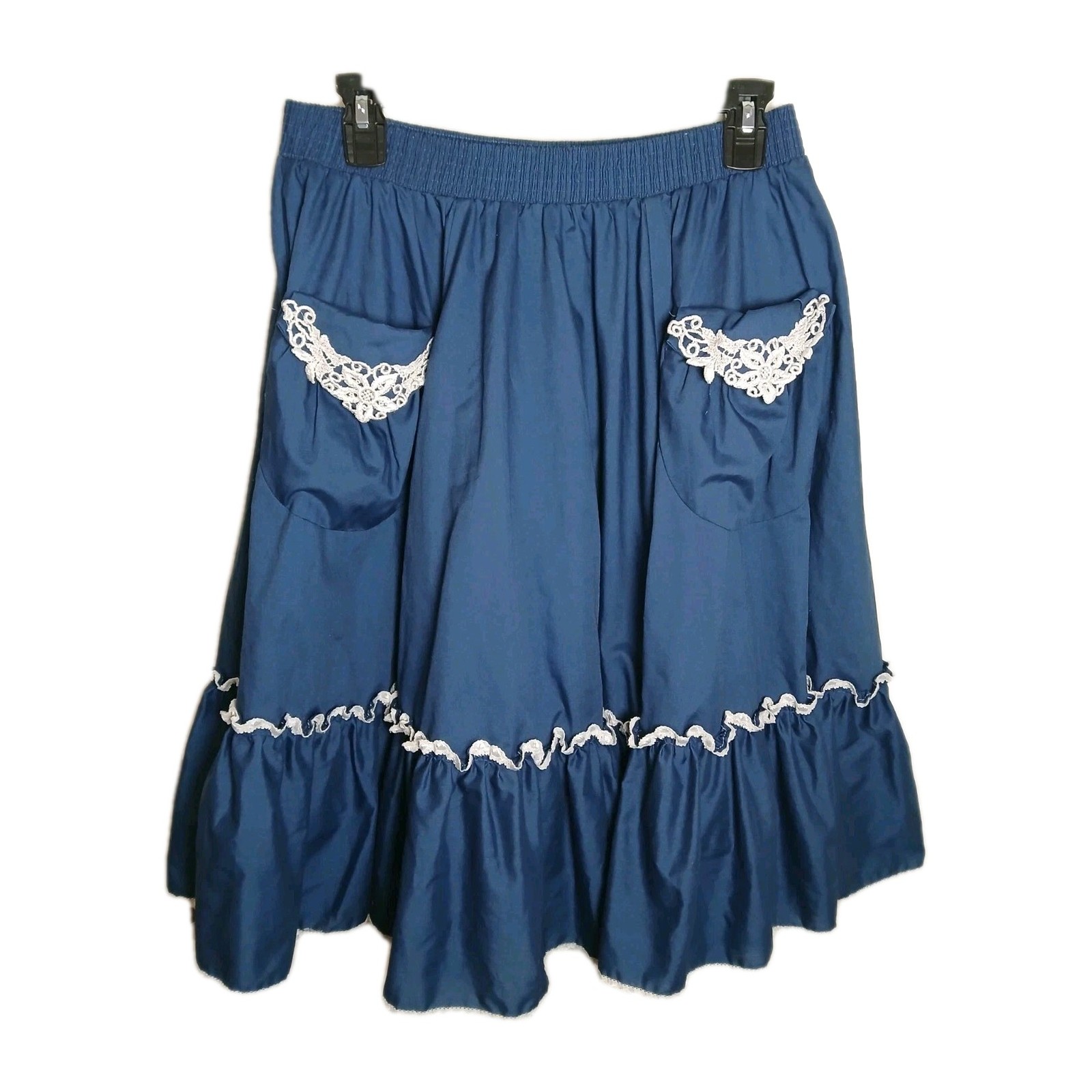 Vintage Malco Modes Blue Skirt Large Lace Trim Pockets Cottagecore Prairecore