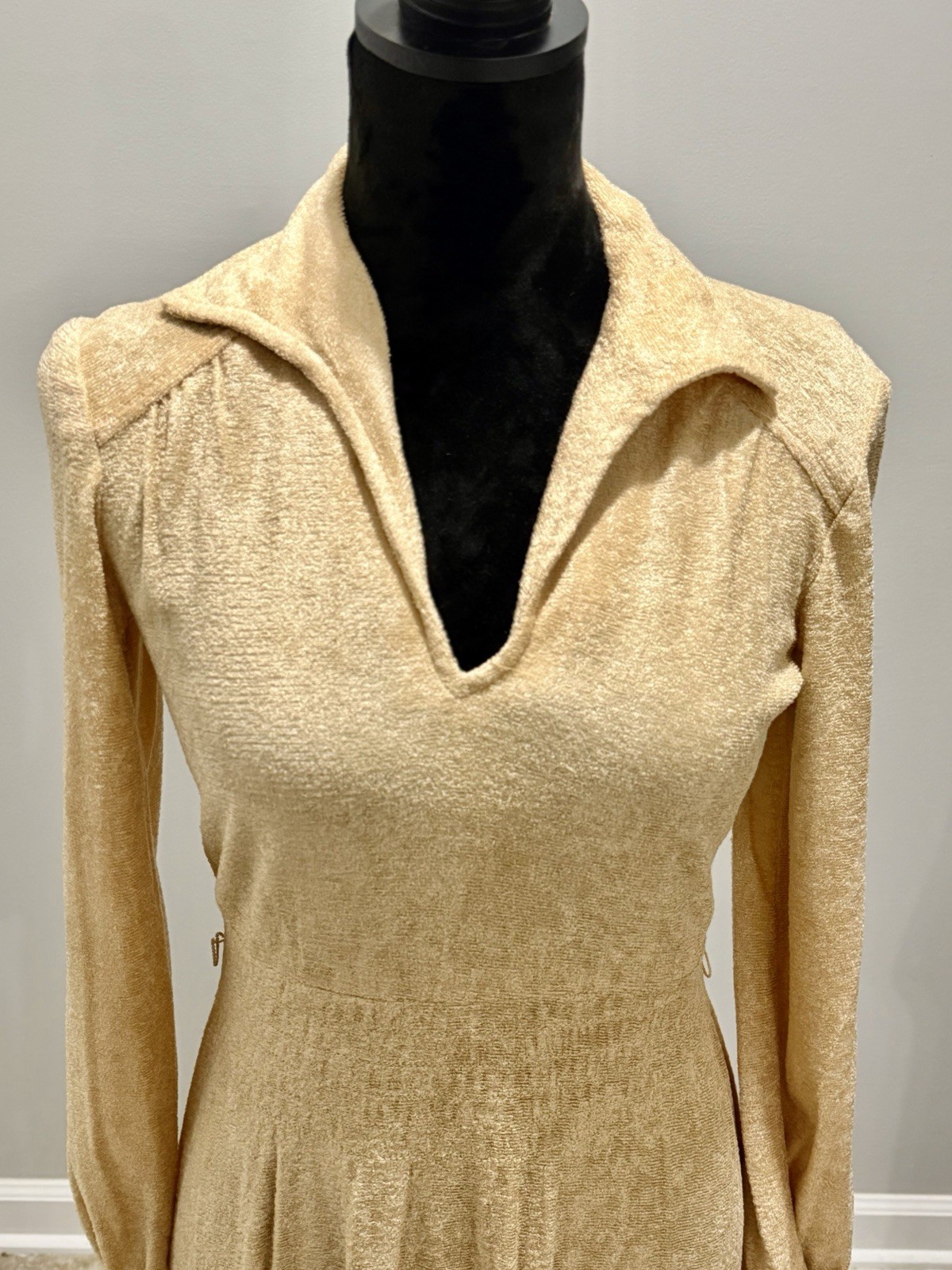 2 Vintage 1970s Women’s Dresses- Tan Terry Shirt Dress& Grey Houndstooth