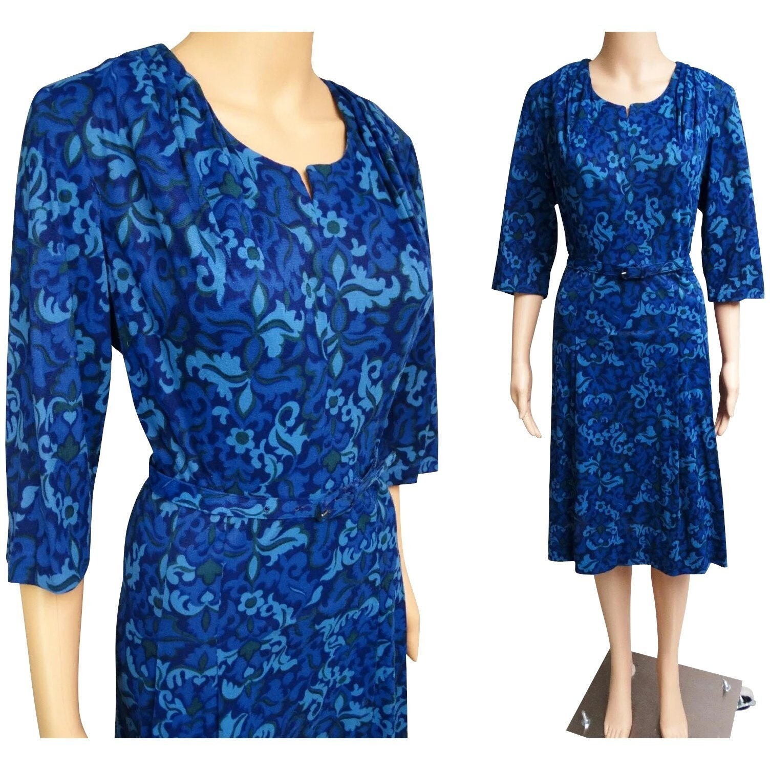 Vintage 1950s 1960s blue navy green floral 3/4 sleeve conservative dress