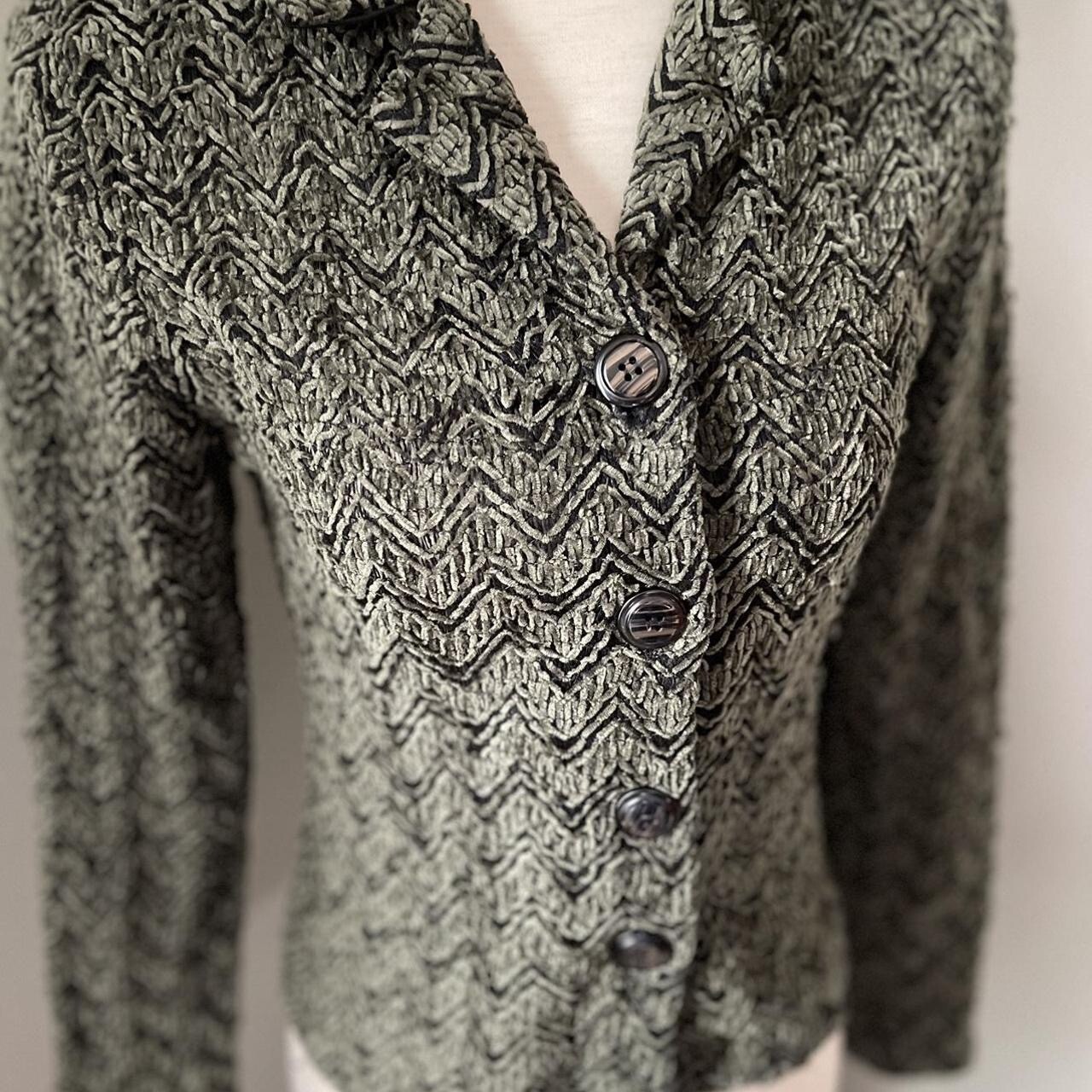 Vintage 80s Button Up Shoulder Pad Green Black Bouclé Cardigan Jacket M Chenile
