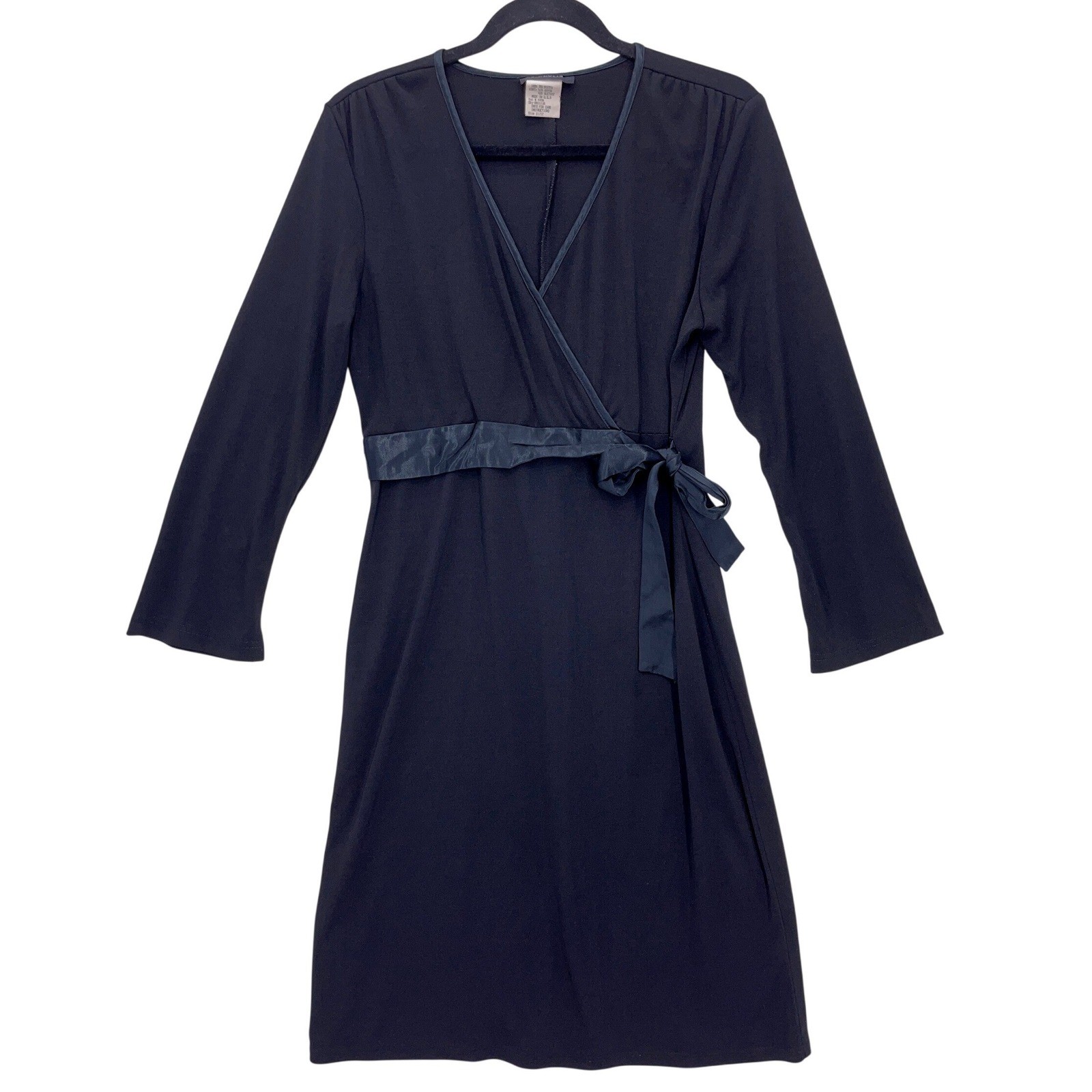 B. Darlin Black Faux Wrap Dress 11/12 Long Sleeve Satin Tie Waist V-Neck Vintage