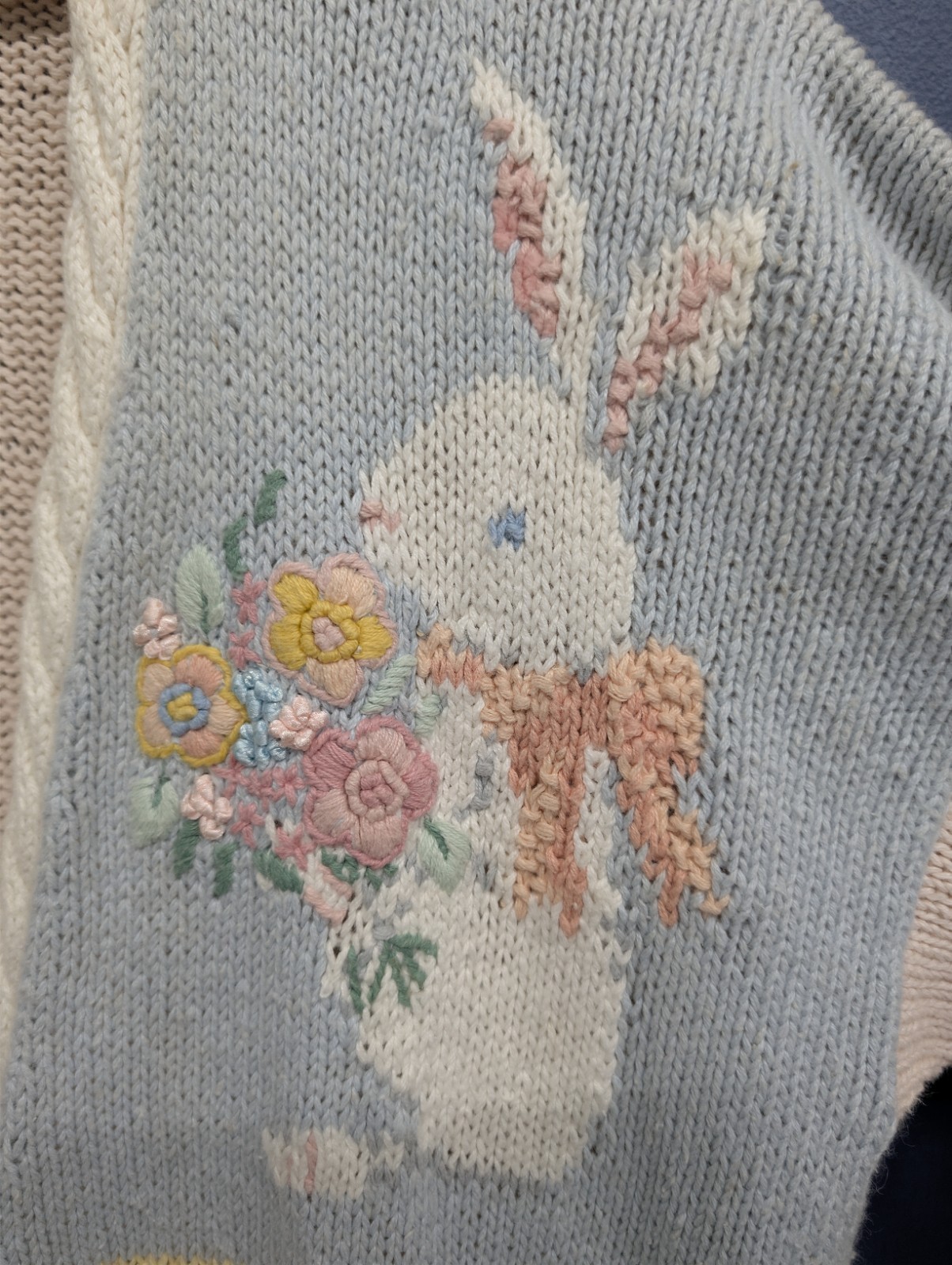 Vintage 90s Marisa Christina XL Sweater Hand Knit Cardigan Easter Bunny