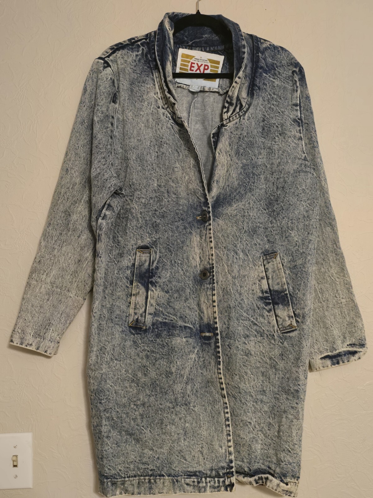 80s Limited Express EXP Acid Wash Denim Coat Vtg Retro Trench Jacket (READ)