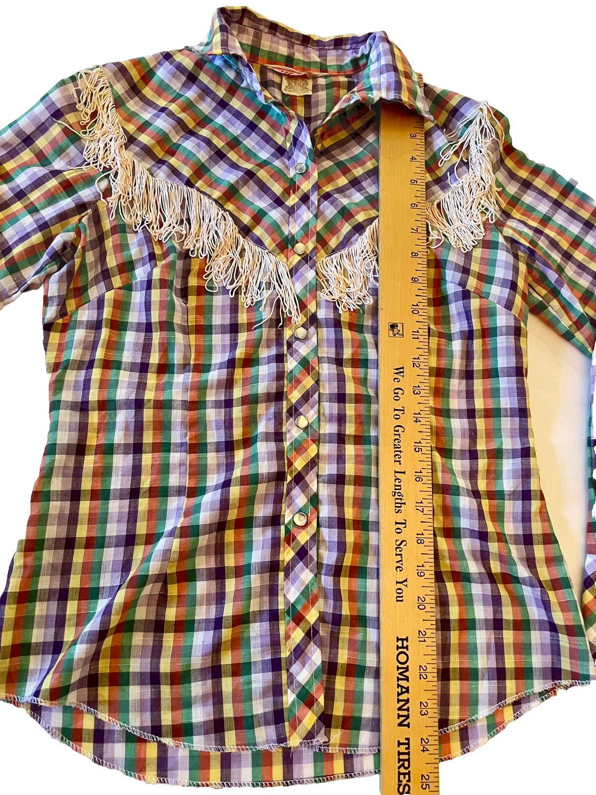 Vintage 70s H BAR C California RANCHWEAR Shirt Women 34 Plaid Fringe Pearl Snap