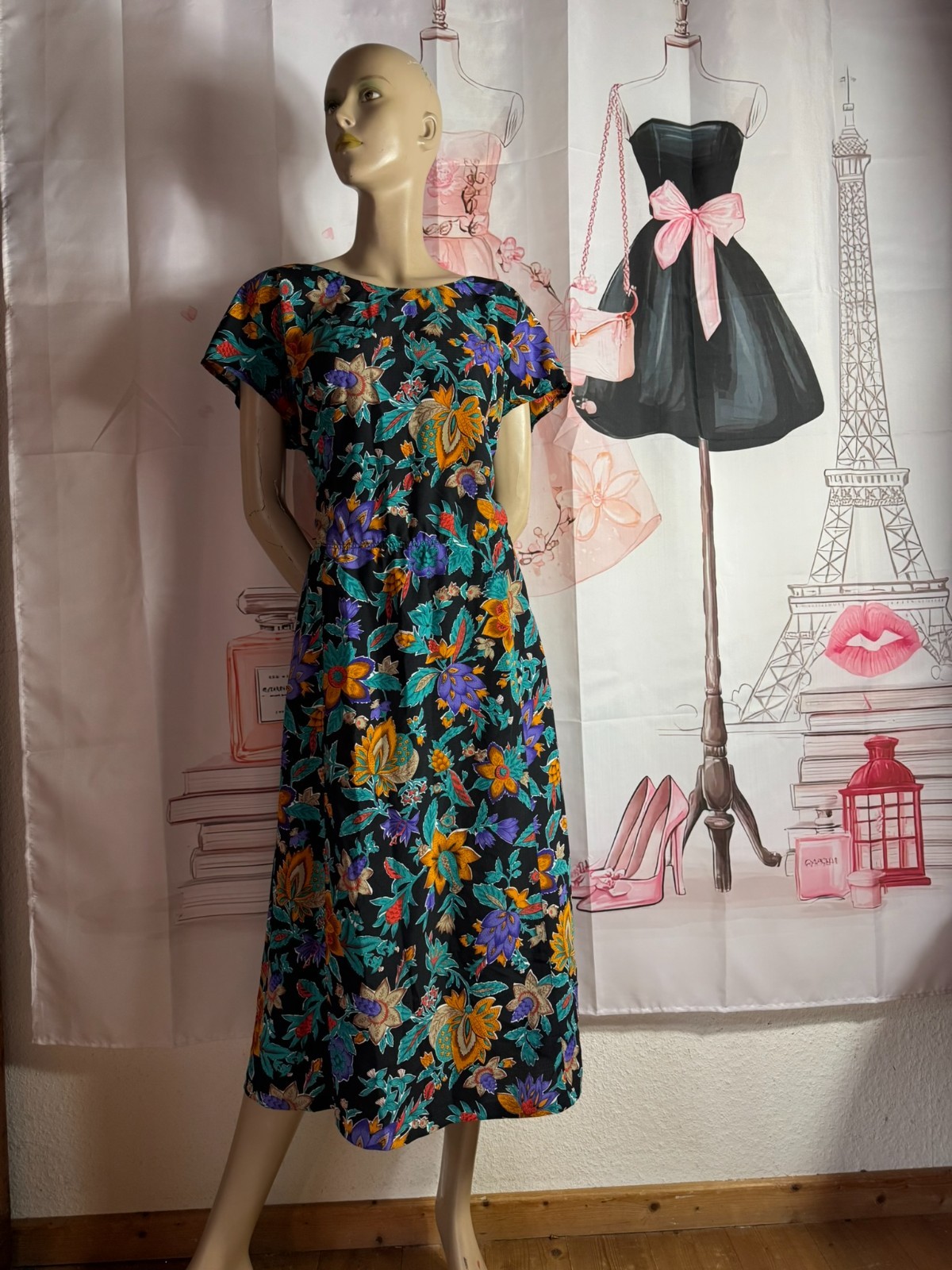 Vintage French Dress Crepe Made in France Floral Midi Dress Size 42 44