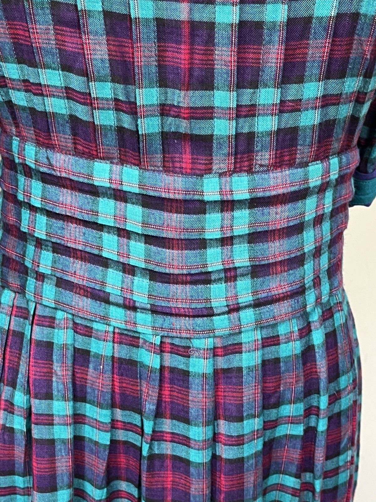 Vintage Sarah Elizabeth Womens Size 12 Pintuck Plaid Rayon Maxi Dress Milkmaid