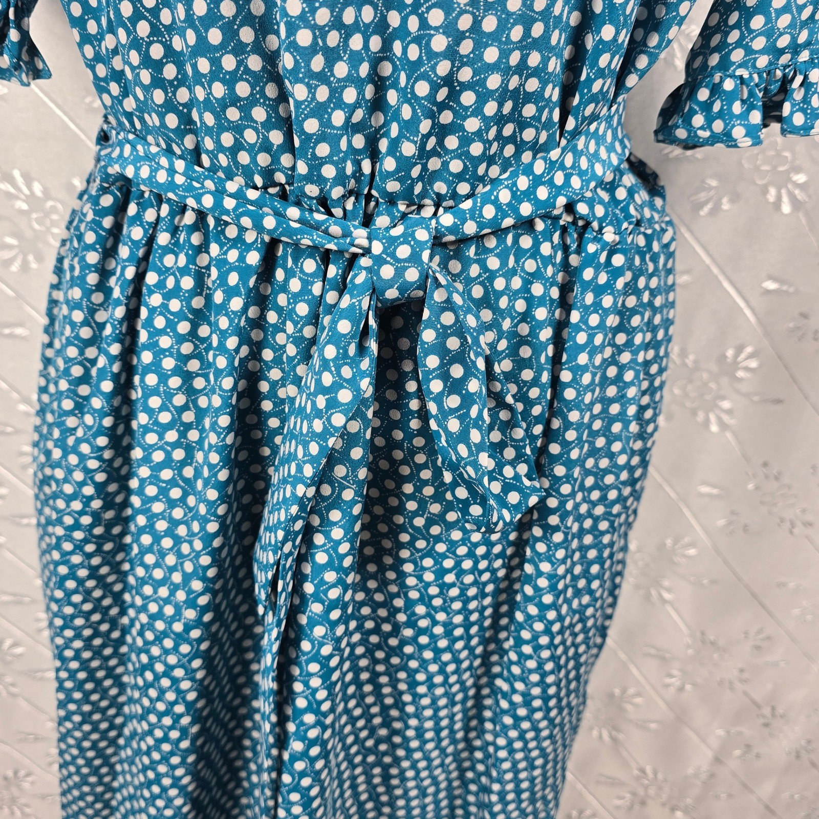 Ciao Ltd Vintage Teal Polka Dot Midi Dress Ruffle High Neck Short Sleeve Retro