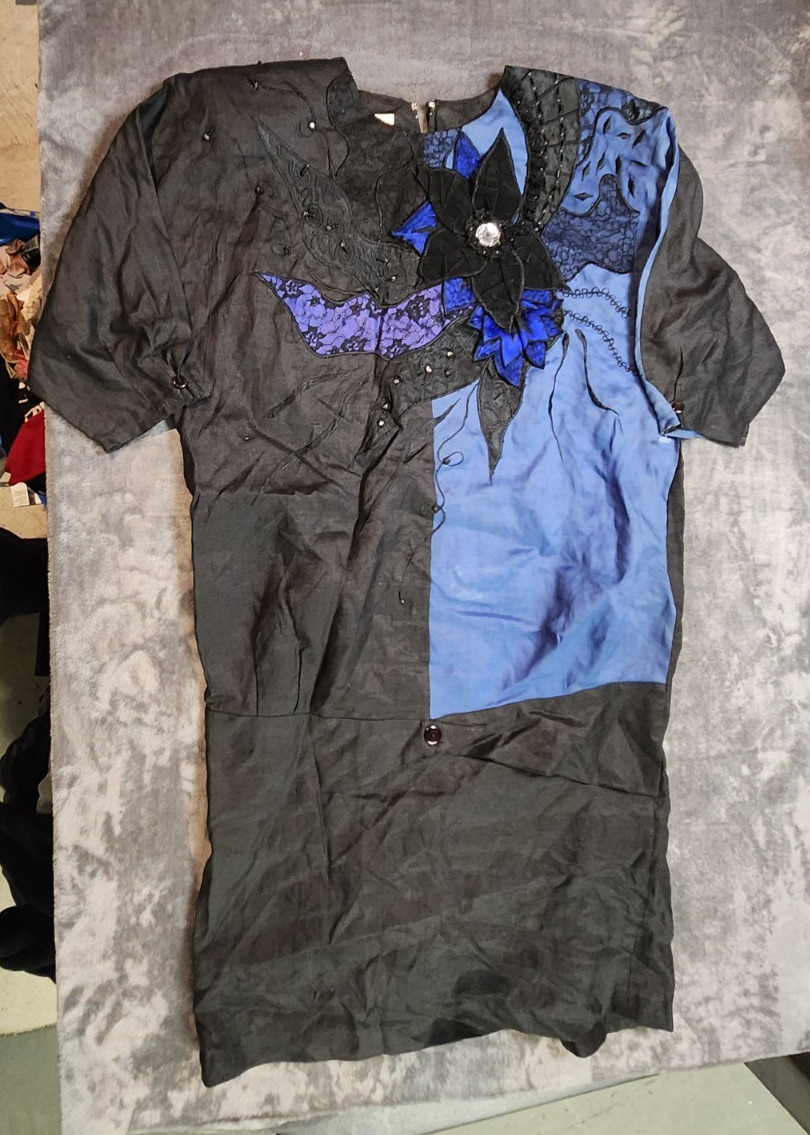 Vintage Anne French Dress Womens 10 Blue Black Ramie Floral Embroidered C*