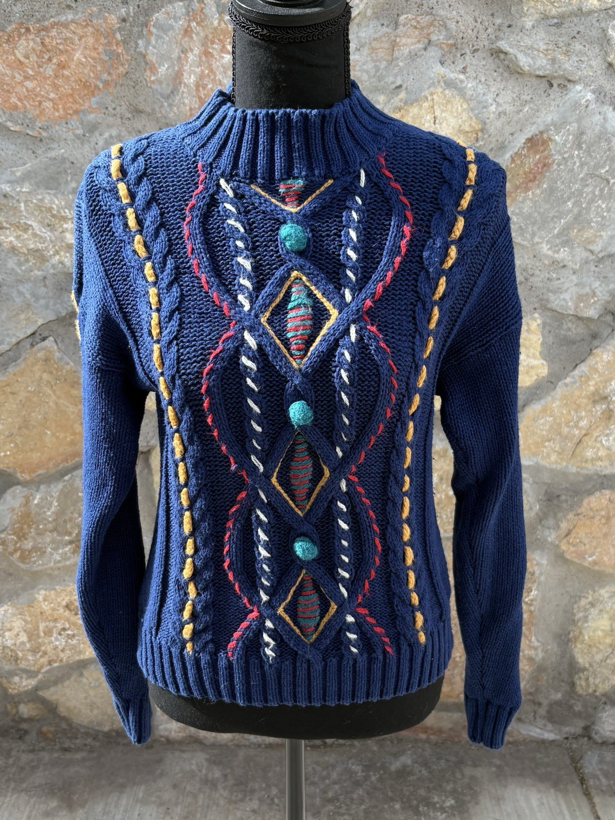 Vintage Mixed blues S Chunky Cable Knit Base W/ Colorful Embroidery POM POM READ