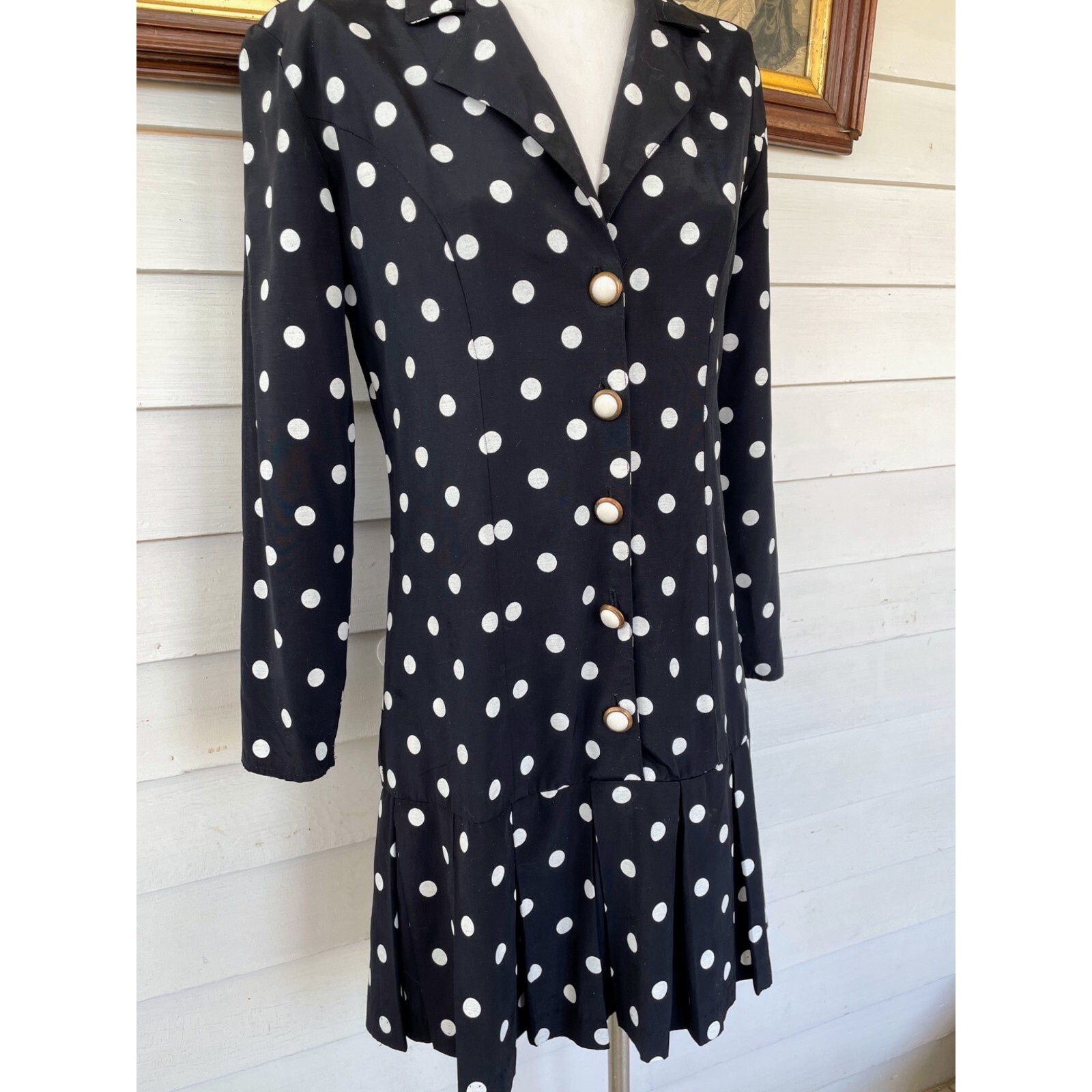 Vintage 1980s Black White Polka Dot Pleated Dress
