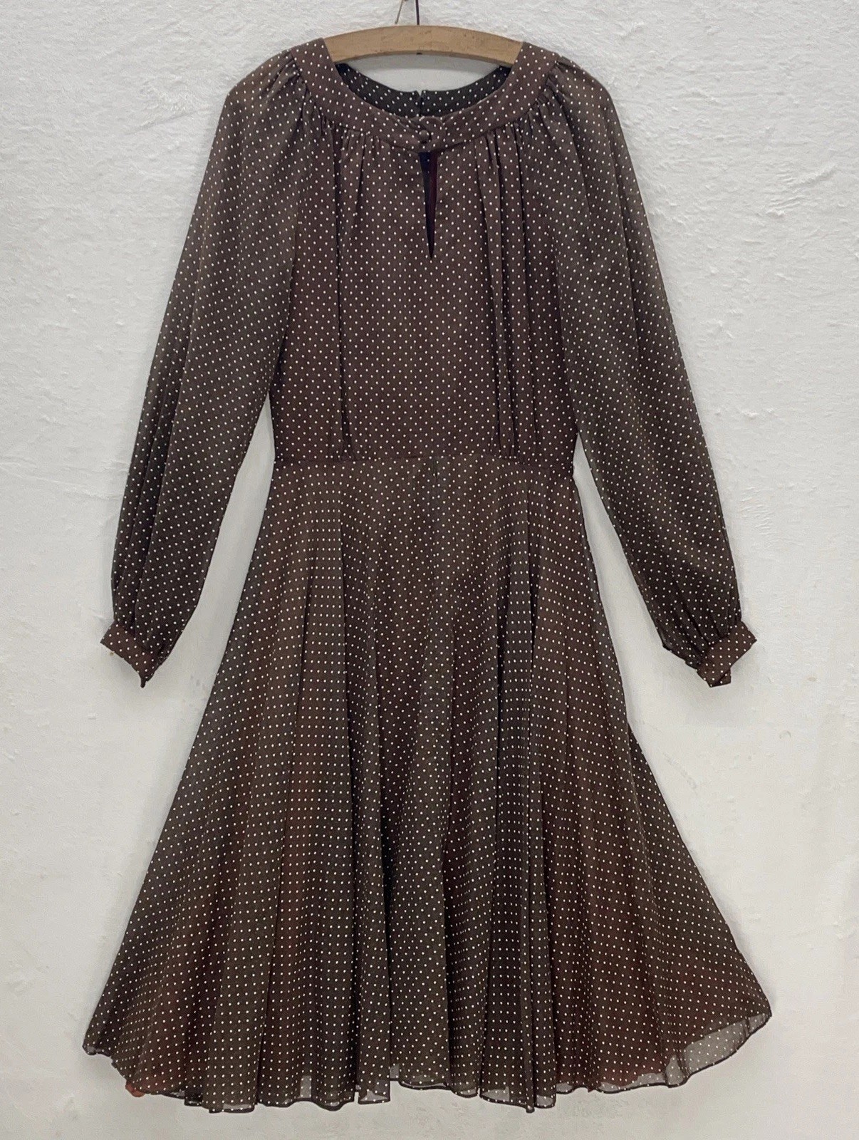Vtg Brown White Swiss Dot Sz 12 Fit/Flair Long Sleeve Sheer Lined Twirl Retro