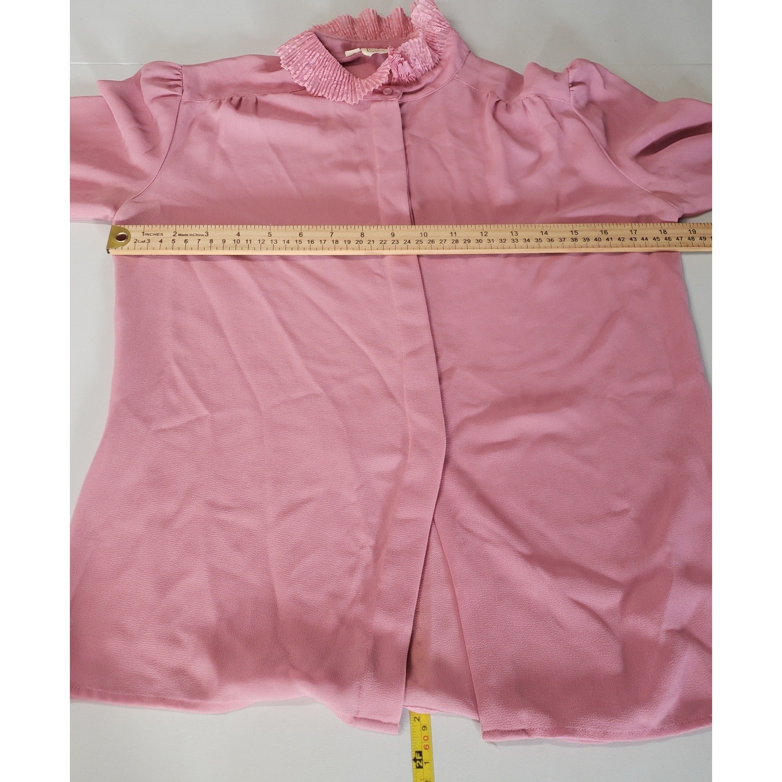 Anne French Ruffle Collar Blouse Womens 6 Pink Vintage 80s Lace Trim Long Sleeve