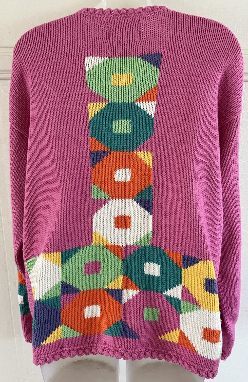 Vtg 90s REY WEAR Bolivian Hand Knit Bold Geo Candy 🍭 Pink Cardigan Sweater-M/L