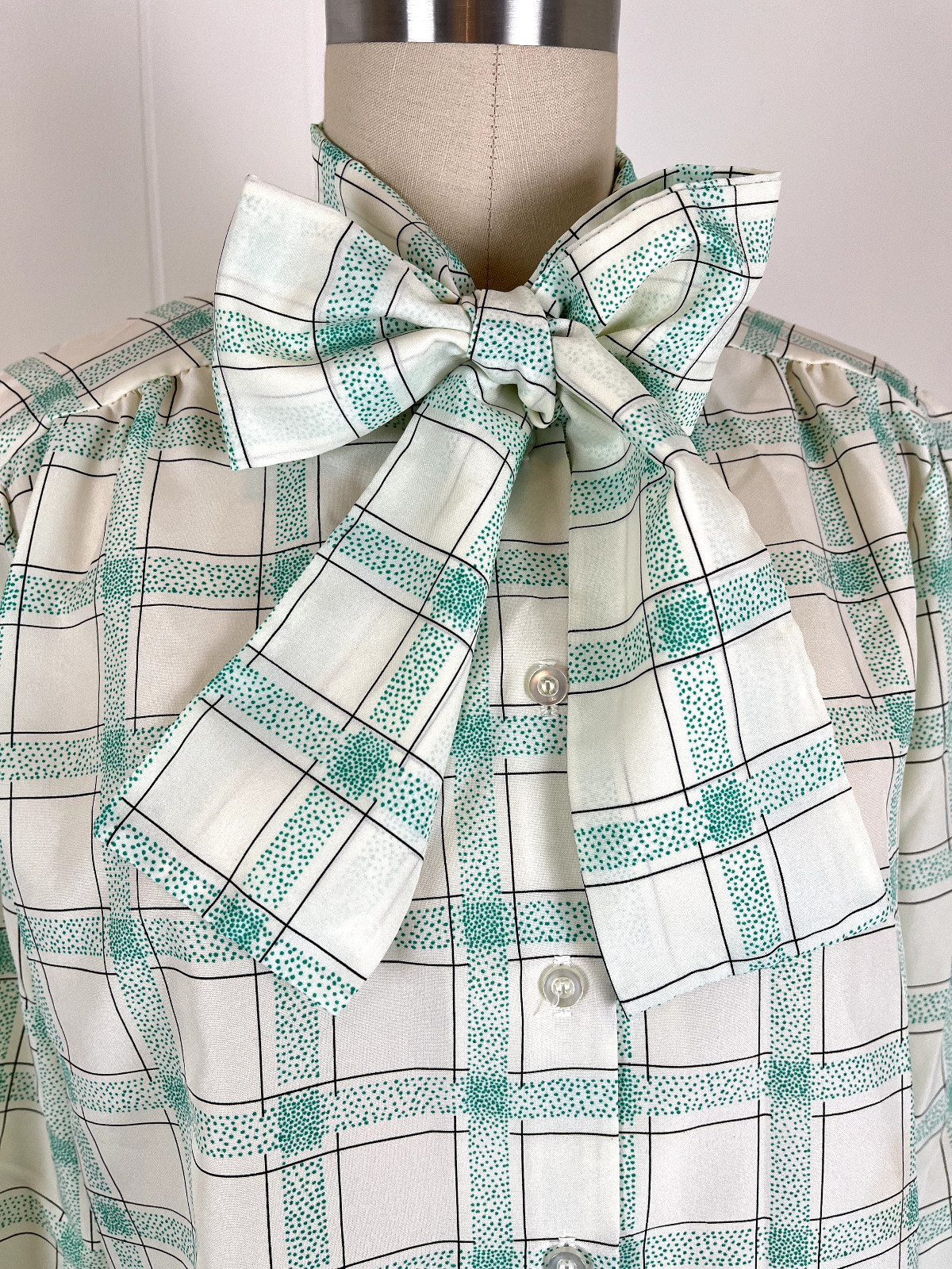 Vintage Pussy Bow Blouse Secretary Geek Medium Made in USA Windowpane Plaid