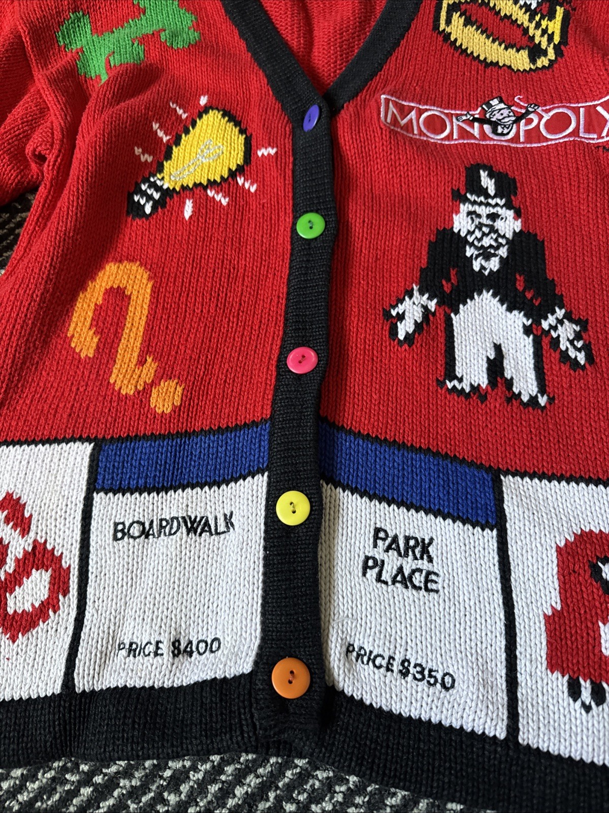 Vtg The Eagle’s Eye MONOPOLY BOARD GAME knit cardigan Women’s Size Medium RARE!