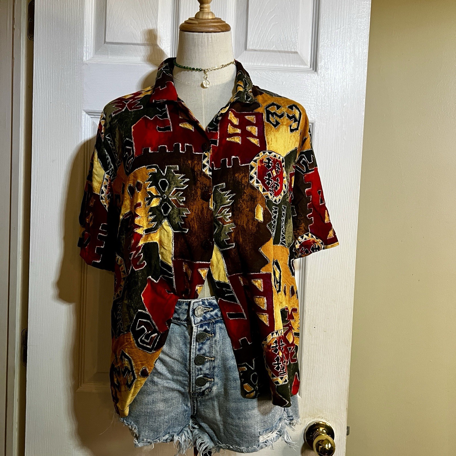 Gardenia Rosa Vtg 90s Rayon Bold Abstract Print S/S Retro Casual Blouse L
