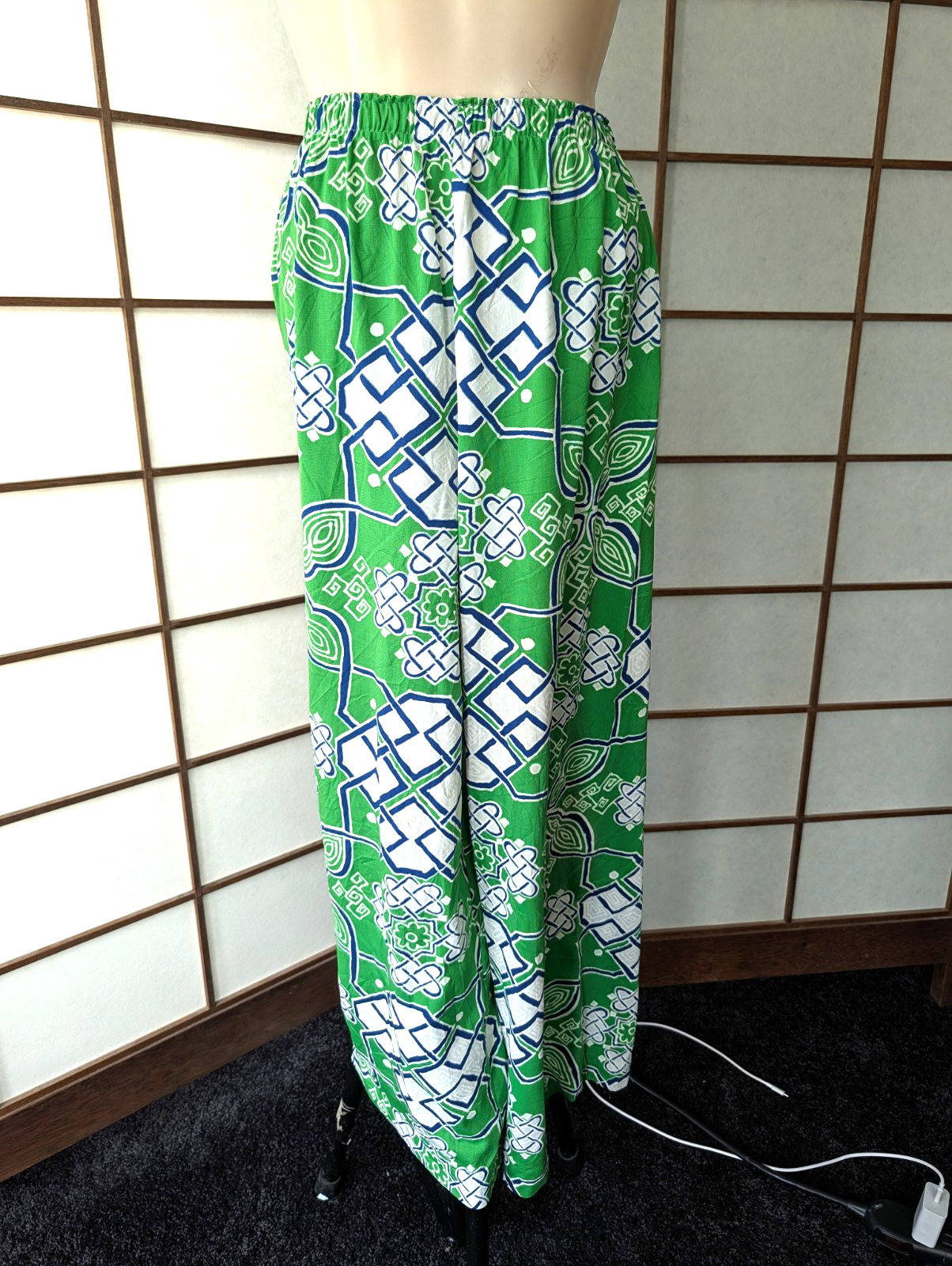 Vintage Nylon Palazzo Lounge Pajama Pants Elastic Waist Lingerie Green Blue M/L