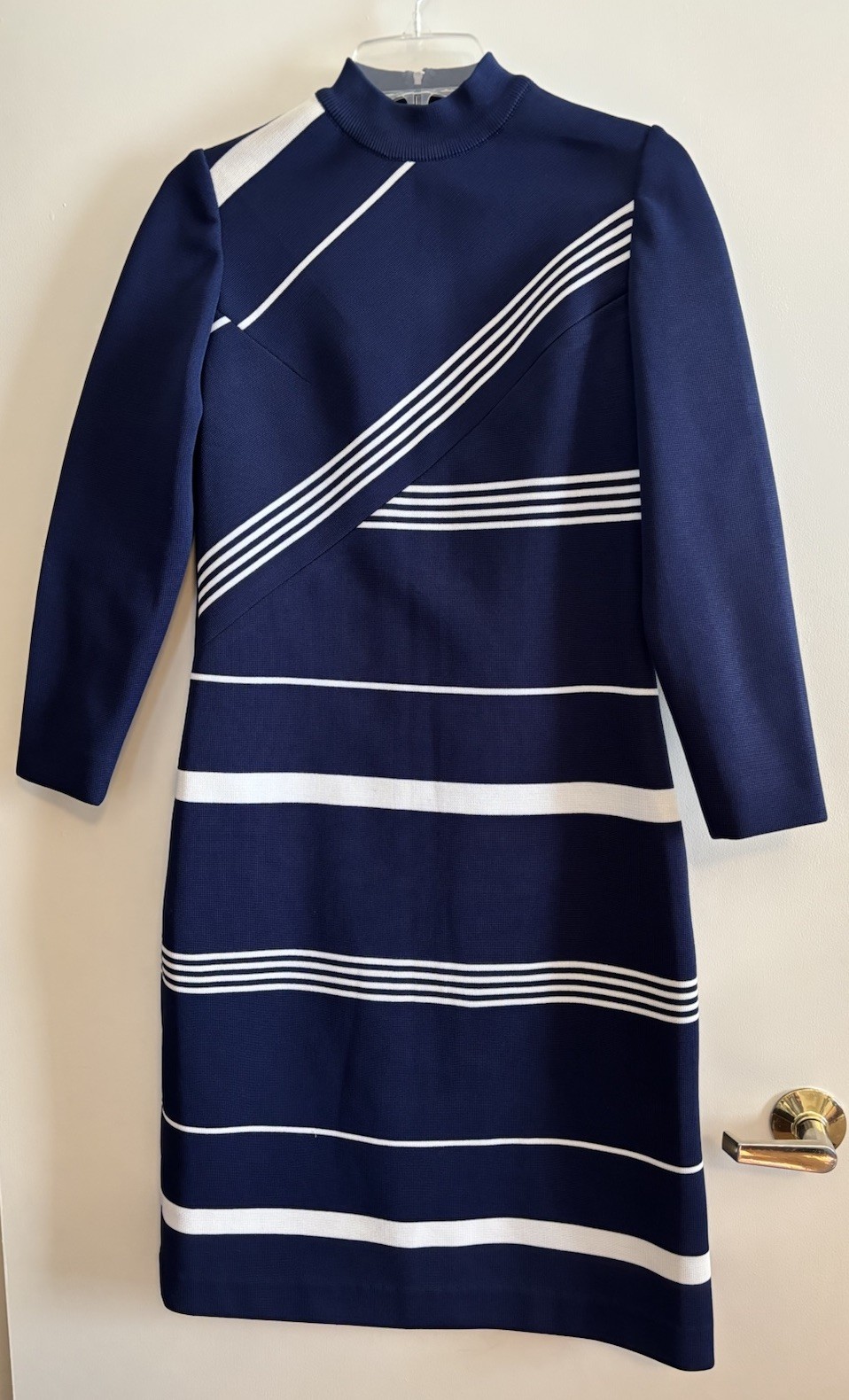Vintage Marco Polo Import Corner 70s Mod Dk Blue Dress W/ Stripes Sheath Sz 6