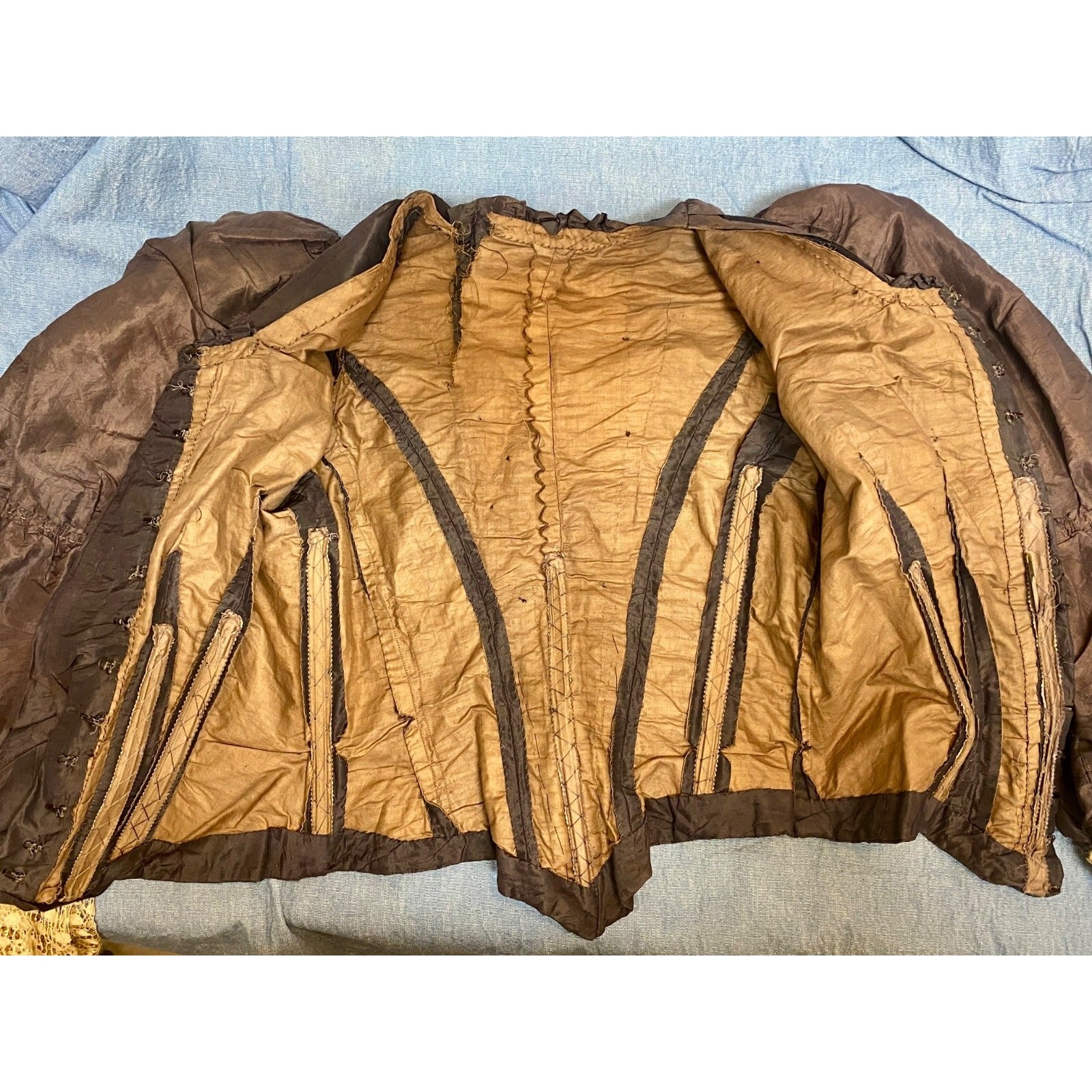 Antique BLACK SILK SATIN BODICE W HANDMADE LACE Sleeve Cuffs Victorian Mourning