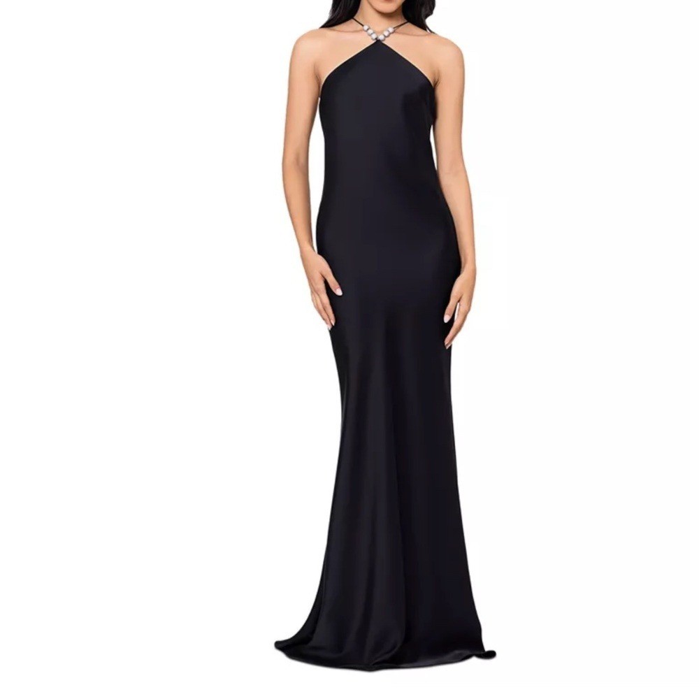 Betsy & Adam – Pavé-Bead Satin Halter Gown