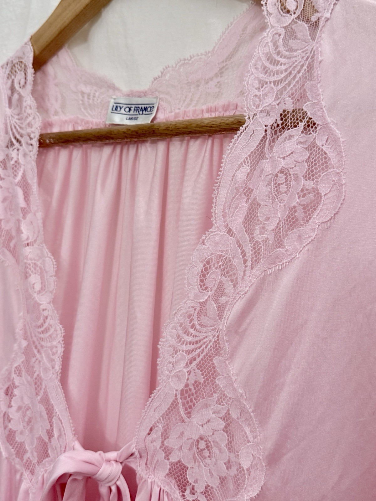 VTG 70s Lily of France Rose Pink Peignoir Robe Lace Dolman Sleeve L Lingerie EUC