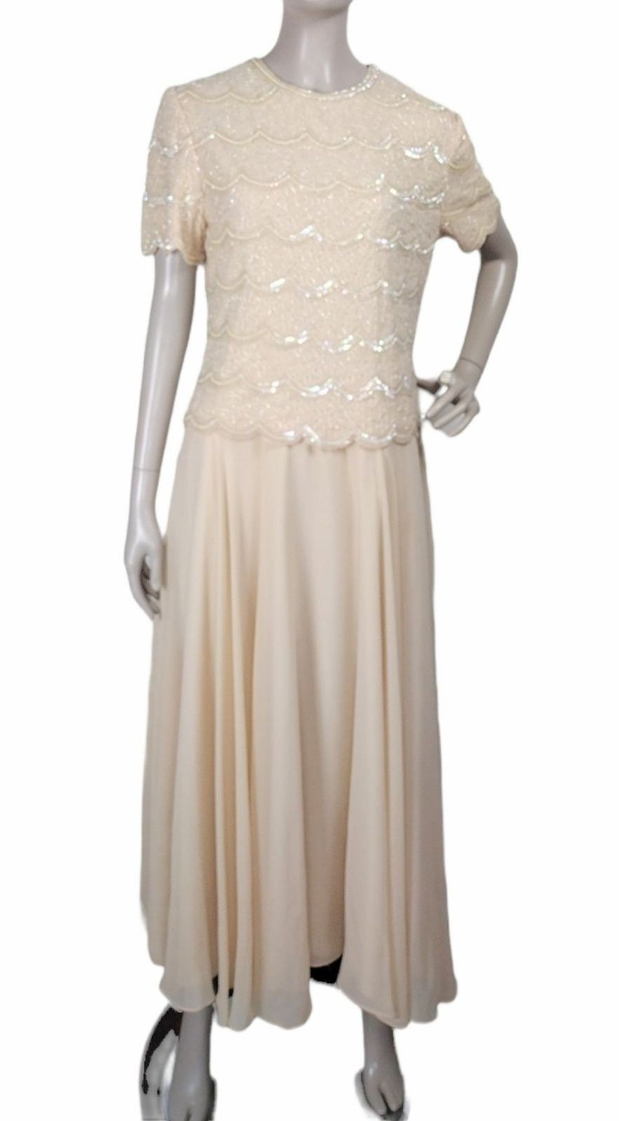 Vintage 80s 90s Creme Chiffon Tiered Scalloped Edge Beaded Sequined Dress India