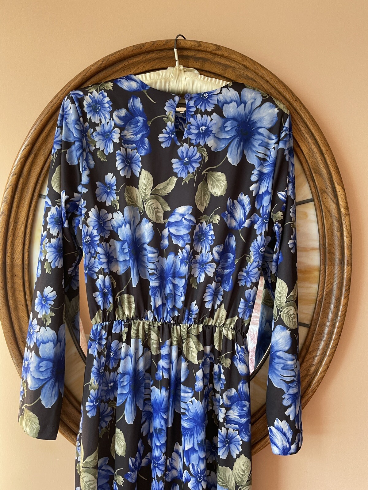 Vintage 1980’s Carol Wright Black Blue Floral Print Poly Dress S/M