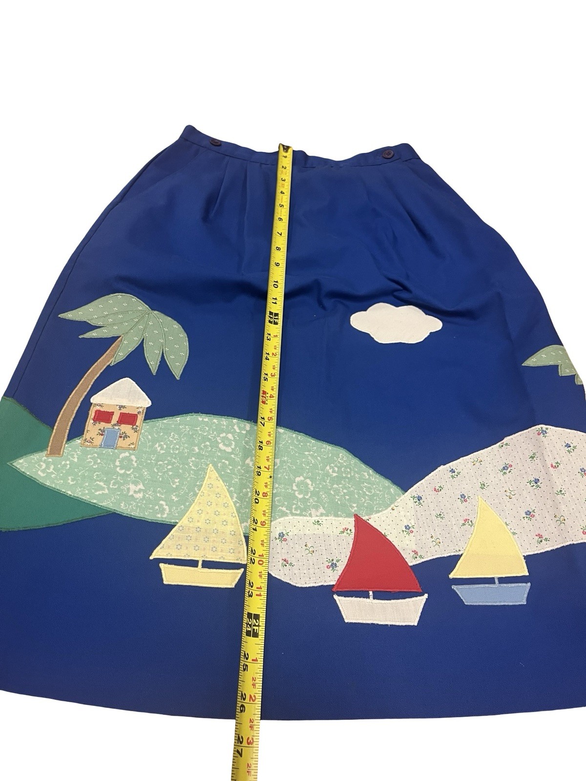 Vtg Patchwork Boats Palm Island Blue Skirt Sz 9/10 Sz M Preppy Resort Cruise 70s