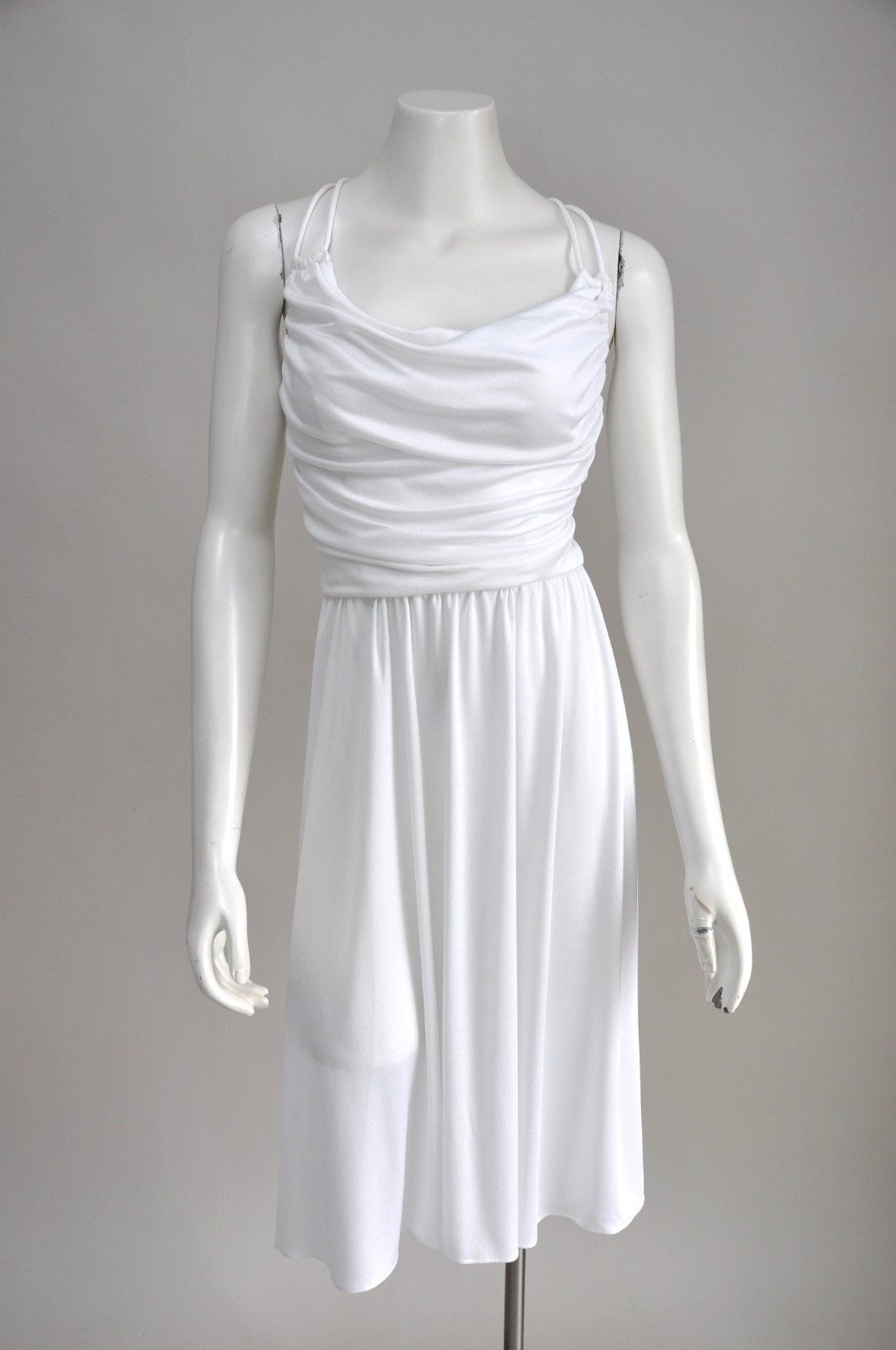 Vintage 1970s White Jersey Knit Open Back Cowl Neck Disco Dress Jacket XS-M