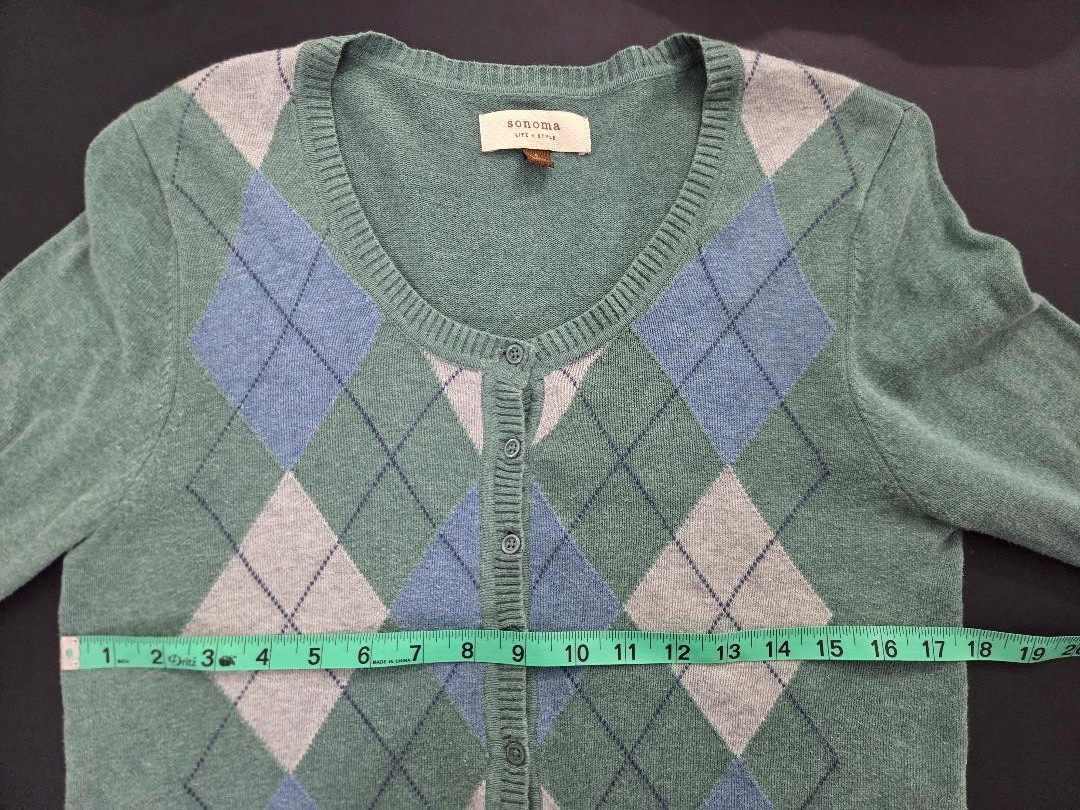 VINTAGE ARGYLE CARDIGAN SWEATER PASTEL GREEN BLUE WOMENS S SONOMA LIFE + STYLE