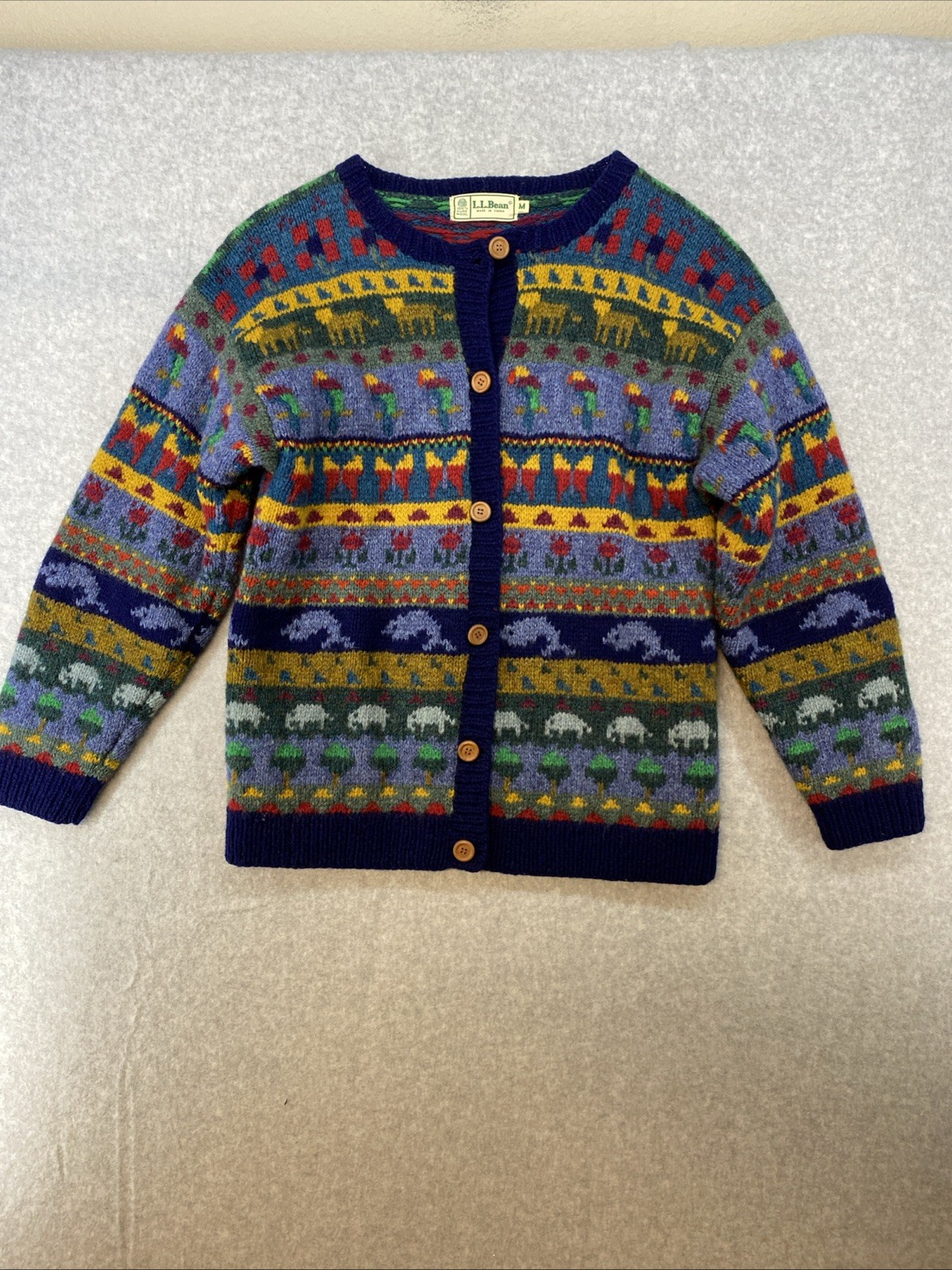 Vintage LL Bean Wool Cardigan Sweater Womens M Animals RARE Wood Buttons