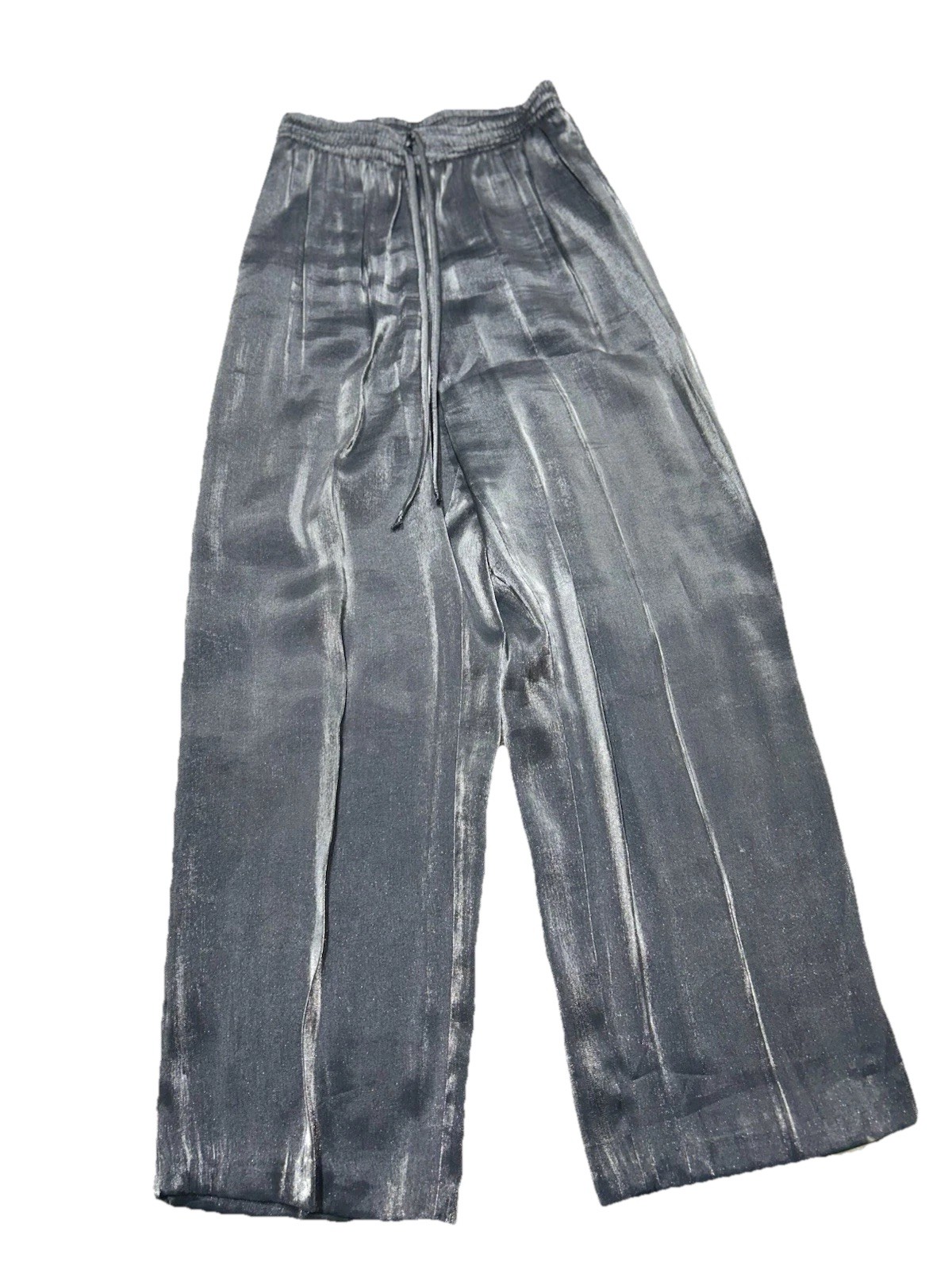 VTG Marina Made in USA Silver Metallic Wide Leg Pants Drawstring High Waist Med