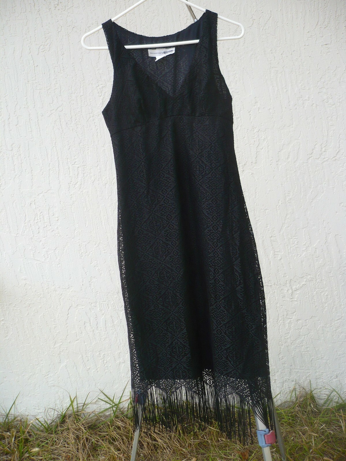VTG FLAPPER FRINGE BLACK LACE NECESSARY OBJECTS L M S DRESS COSTUME SHEATH WOMEN