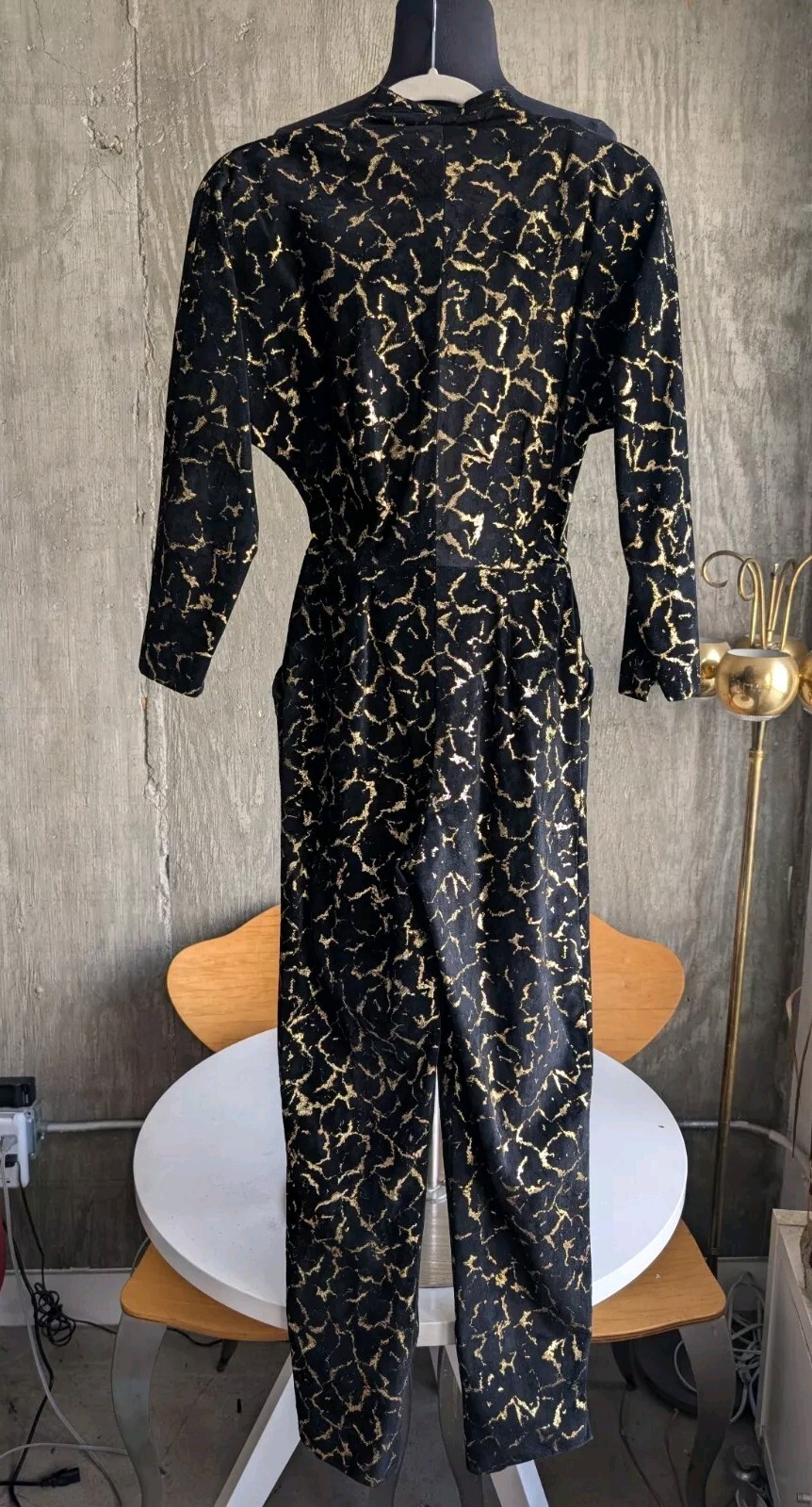 Vintage Vicky Tiel Black and Metallic Gold Suede Long Sleeve Jumpsuit France-XS